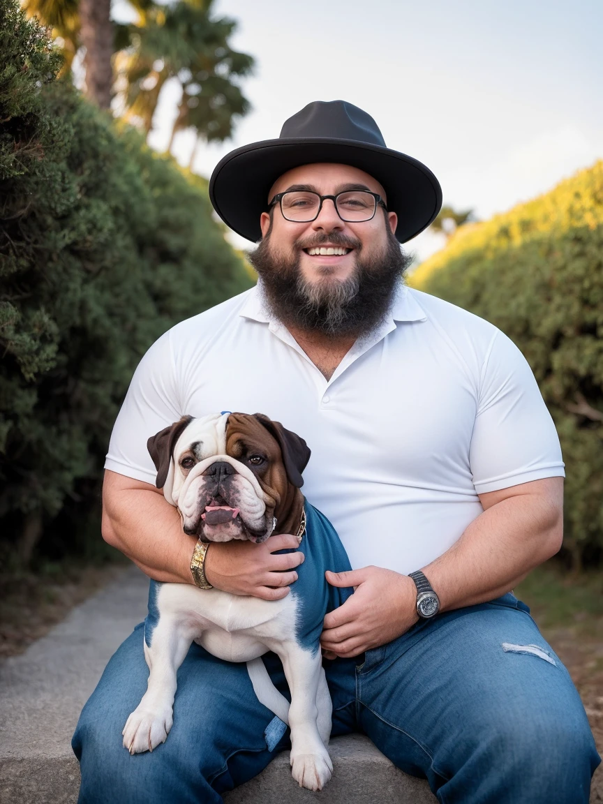 Uma luz amarelada de fim de tarde ilumina o corpo e o ambiente, Veste roupas da moda, mesa,alta qualidade,altamente detalhado,cena intensa, solid, Gritty Reality Scenario for 42 Year Old Sexy Fat Bearded Man,cheio de suor,corpo todo,barriga grande, prescription glasses or sport glasses , smiling Laughing expression of great happiness, wearing a hat or wearing a hat on the head, ((Vestindo blusa de passeio, uma bermuda branco)),rosto atordoado,Abra as pernas, Florida square environment luxurious outdoor place, He walks his English Cocker Spaniel or English Bulldog, Dalmatians, collie, Maltese, he affectionately holds the dog in his arm or holds him petting him on his lap.