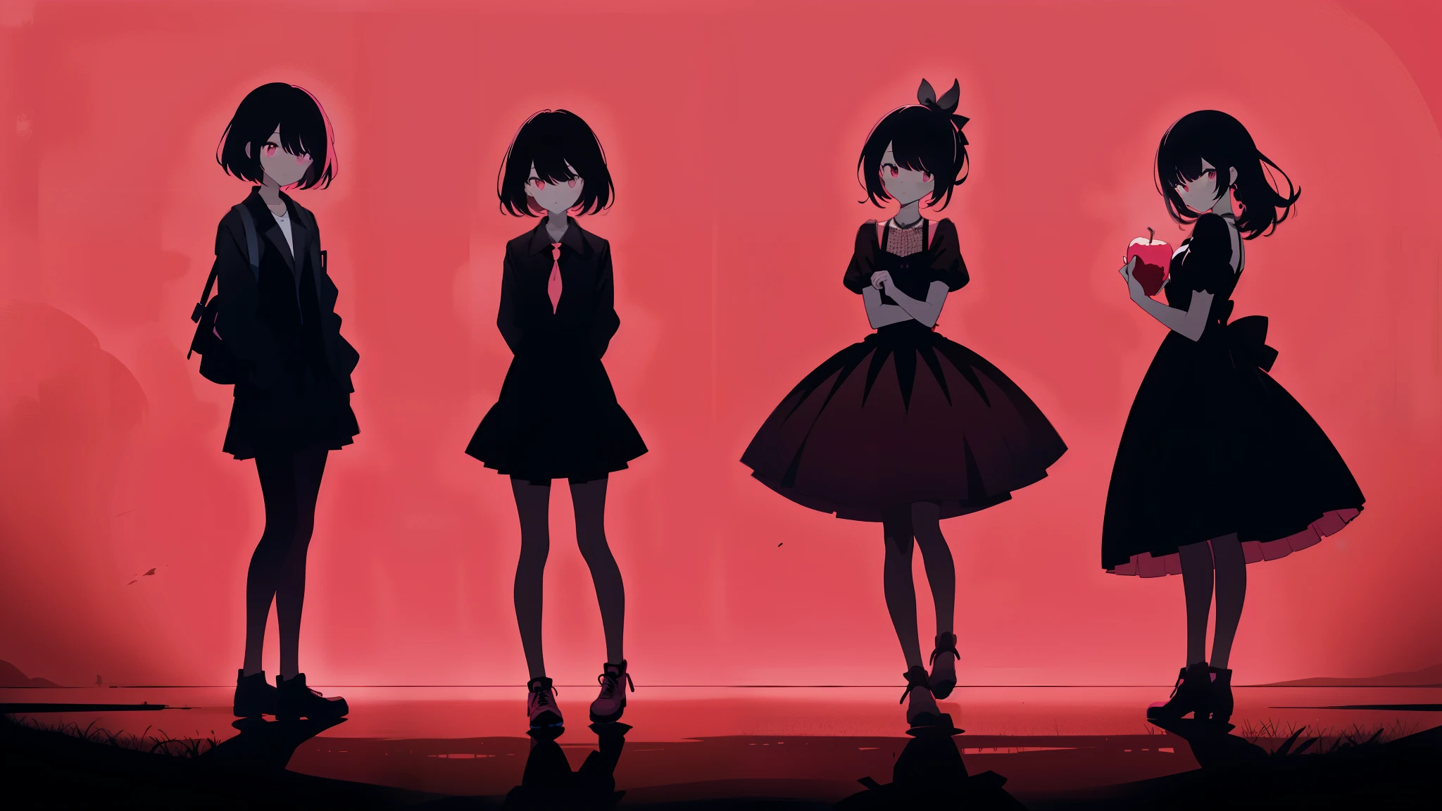 three girl silhouette's standing, dark pink background, facing viewer, cute, facing viewer, bad_apple, monochrome pink and black
