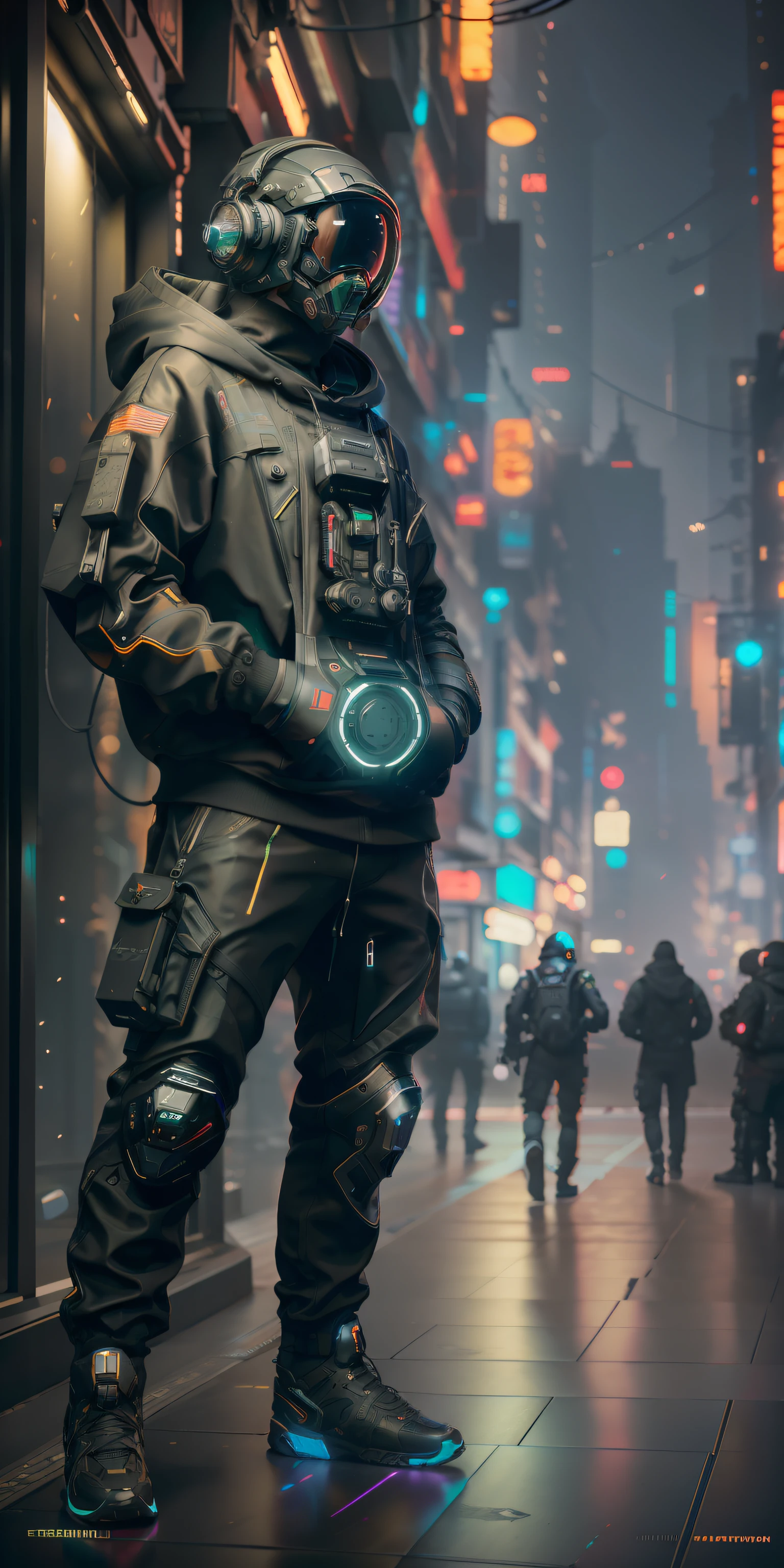 (obra de arte, Tiro de corpo inteiro, Intricado raw photography) cyberpunk citizen, Comfortable Oversize Black Hood, black cargo pants, roupas pretas, escuro, usando um capacete preto estilo hitech Astronauta, Intricado, futurista, advanced technology, escuro environment, dramatic, luz e sombra, cinematographic, action film, nitidez, random relaxed position, cidade ciberpunk, street lighting, escuro street, noite, Instant Photo, foto do ano, Octane rendering, substance, maia 3d, cinema4d, art season trends, Deviant Art Trends,