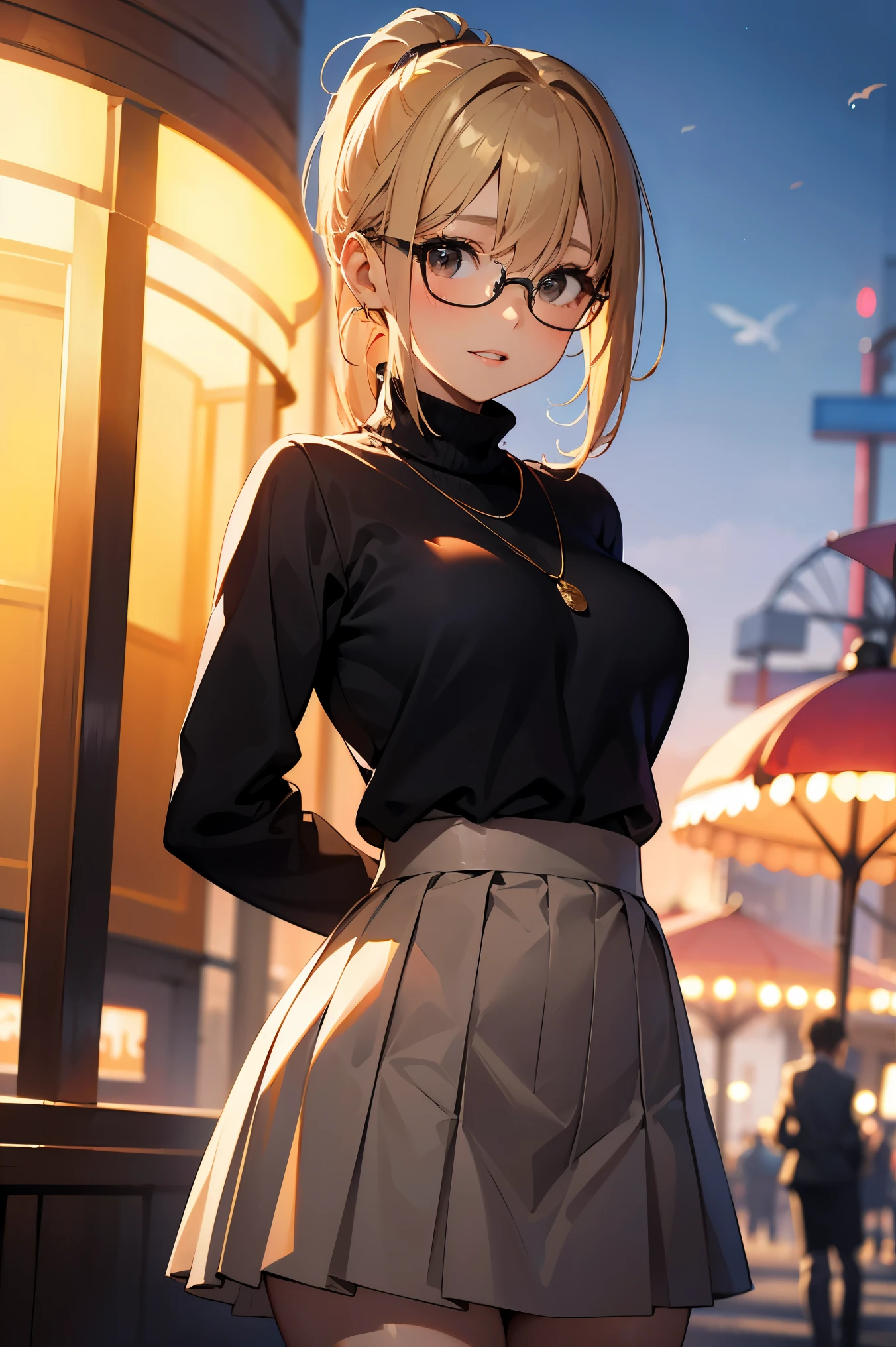 a high resolution, Photo of beautiful woman in detail_face, young beautiful girl,Realistic:0.5, Perfect skin, (To wear glasses:1.5), (ultra-detailed information, detailed information), hips, make happy facial expressions, Happy Emotion, fabulous,clean, beautyfull detailed face and eyes,breast, (Black eyes:1.1), (very beautiful and beautiful Japanese woman), (Sexy girl), (professional attire:1.3), (22: 1.1), BREAK, (Lovely Outfit:1.2), (blue turtleneck sweater with detailing:1.2), (beige pleated skirt:1.2), (leather boots))), split, beautiful detailed skin, (Cute:1.2), (blonde hair), ((JPOP Idol)), (upper thigh:0.6), (depth of field),soft light, Lens Glow Looking at the viewer, (lowered eyes:1.2), straight teeth,smile, floating hair, (blond hair:1.2), brown eyes BREAK movie scene, Cinematic, full colors, 4K, 8K, 16 thousand., raw photo, masterpiece, professional color correction, professional photography, High school girl, hair up, , мягкий clean фокус, Realistic lighting and shading, (very subtle and beautiful art)1.3, elegant,Active Angle,dynamism pose BREAK (ponytail:1.3), (shiny black thin hair:1.2), Bang, dark brown eyes, Beautiful eyes, princess eyes, (big eyes:1.3), Bang, To wear glasses:1.3, hair between eyes, short hair:1.3, (Slim:1.1), (medium-breast:0.95), (thin waist: 1.15), (detailed beautiful girl: 1.4), parted lips, Red lips, full-make-up face, (shiny skin), ((ideal female body)), (Upper Body Image:1.3), perfect ???????, perfect proportions, (most beautiful Korean actress face:1.3, extremely Cute and beautiful Japanese actress face:1.3), ,(1 girl with glasses:1.3, One), ,(blush:1.1), Gray background, One focus, (Bust shot:1.2), Cinematic light, (Nostalgic Night Scene:1.4), (amusement park:1.4), (carousel、Ferris wheel、roller coaster), (Hands behind your back :1.4), (Looking at the viewer:1.2