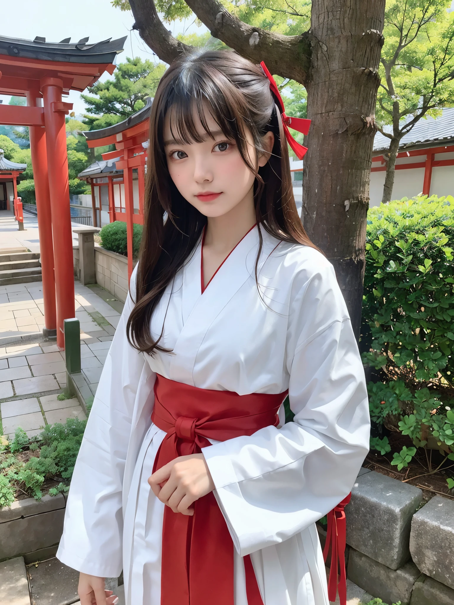 highest quality、8K、ultra high resolution、Super detailed face and eyes、Highly detailed face and skin texture、glowing skin、shiny skin、master piece:1.3、1 girl、A beautiful woman with slim abs as an accent、super detail face、delicate eyes、double eyelid、full shot、medium long hair、20-year-old、brown hair、shrine maiden、shrine maiden服、shrine、white clothes、red hakama、torii、shade、Shadow