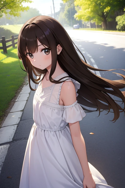 A girl with long brown hair.green-brown eyes.white dress.hints.road