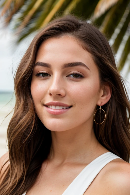 She's a 21-year-old Irish beauty with porcelain skin that glows in the soft Irish sunlight. Imagine her striking emerald green eyes framed by long dark lashes, accentuating their depth and intensity as she poses in a comfortable chair. Her perfectly arched eyebrows add elegance to her gaze. Her hair cascades down her back in loose, natural waves, in a deep chestnut hue that catches the sunlight, revealing subtle red and coppery highlights. Her parting is slightly off-center, gracefully framing her face with wisps of hair that soften her delicate features. With a confident, radiant smile that lights up her face, she exudes an air of sophistication and natural beauty. Her lips are naturally rosy and her cheeks have a hint of bronze blush, giving her a healthy, youthful glow. Dressed in a micro bikini in WHITE COLOR() that flows softly in the breeze, accentuating her figure without being too revealing. 8K HD photo (photo taken on the beach).