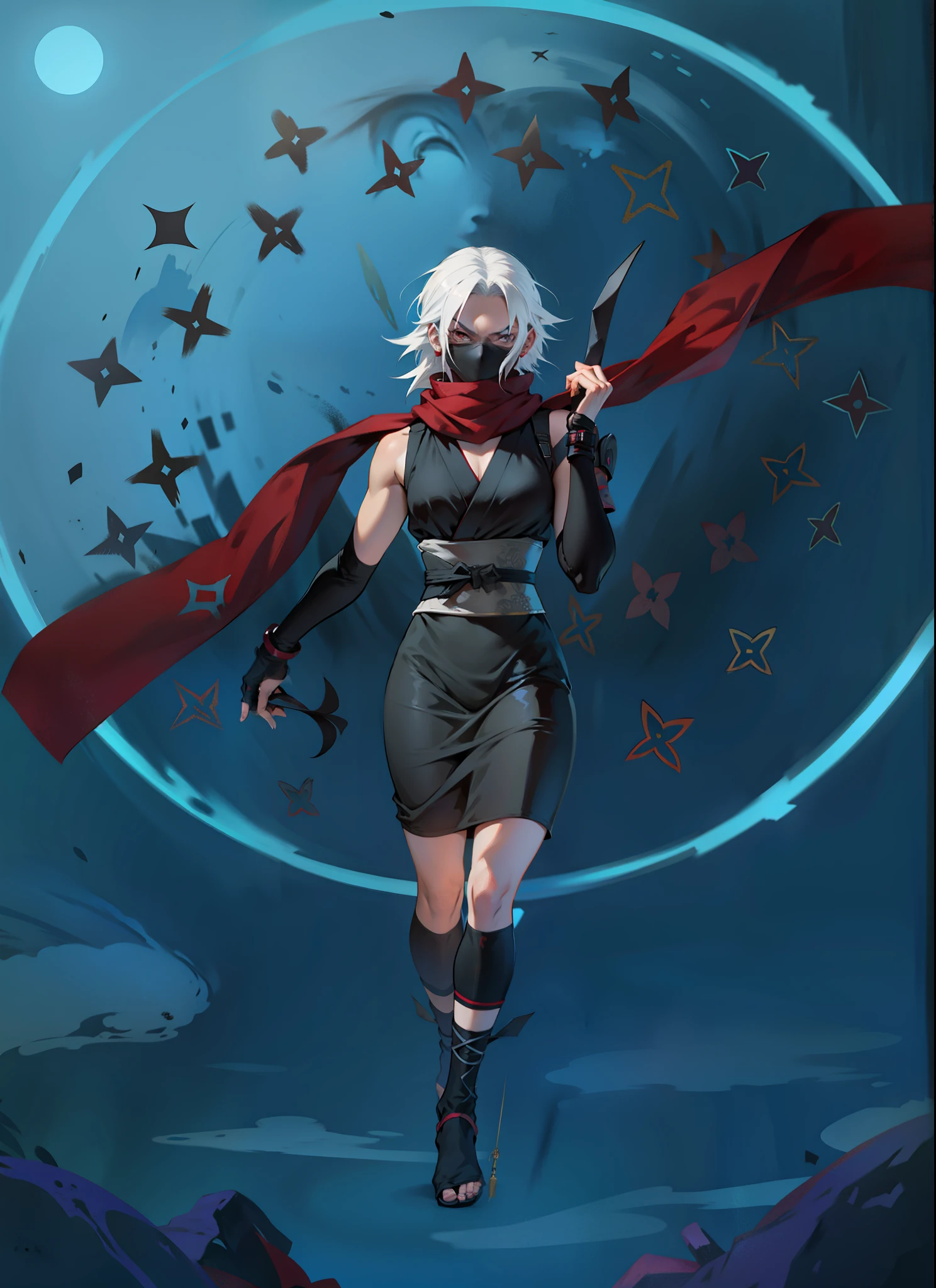 il y a une femme en robe noire tenant un foulard rouge, Ninja gothique, an edgy assassin, ninja mystique, female rouge assassin, style artistique inconnu, Inspired by the kidneys, kunoichi, Tenue de ninja, inspired by Kusumi Morikage, inspired by Taiyō Matsumoto, itatchi uchiha, white haired deity, personnage de style anime