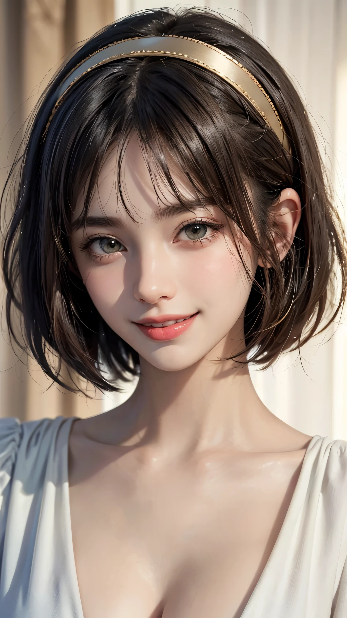 (UHD, retina, masterpiece, accurate, anatomically_correct, textured_skin, super_detail, high_details, high_quality, best_quality, high_res, 1080P, HD, 4K, 8k, 16k), (beautiful_detailed_eyes, beautiful_detailed_lips, extremely_detailed_eyes_and_face), (soft_lighting:1.5), physically-based_rendering, vivid_colors, (large_breasts:1.5), (shiny_hair, shiny_skin, tanned_skin, blush), (bangs:1.5), eye_reflection, (bokeh), (smile_and_laugh, bob_cut, hairband, blouse:1.5), (two-tone_color, gold_&_black),