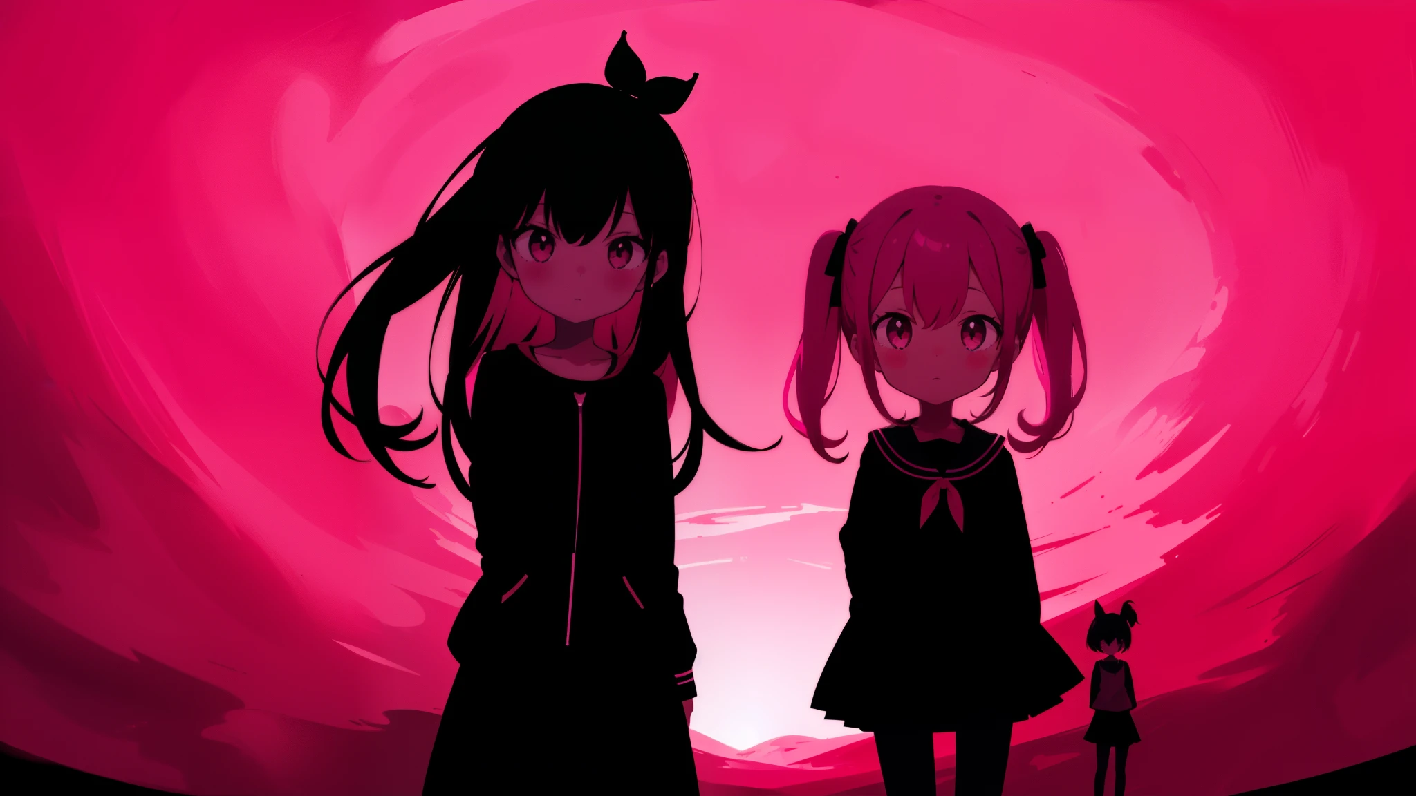 three girl silhouette's standing, dark pink background, facing viewer, cute, facing viewer, bad_apple, monochrome pink and black