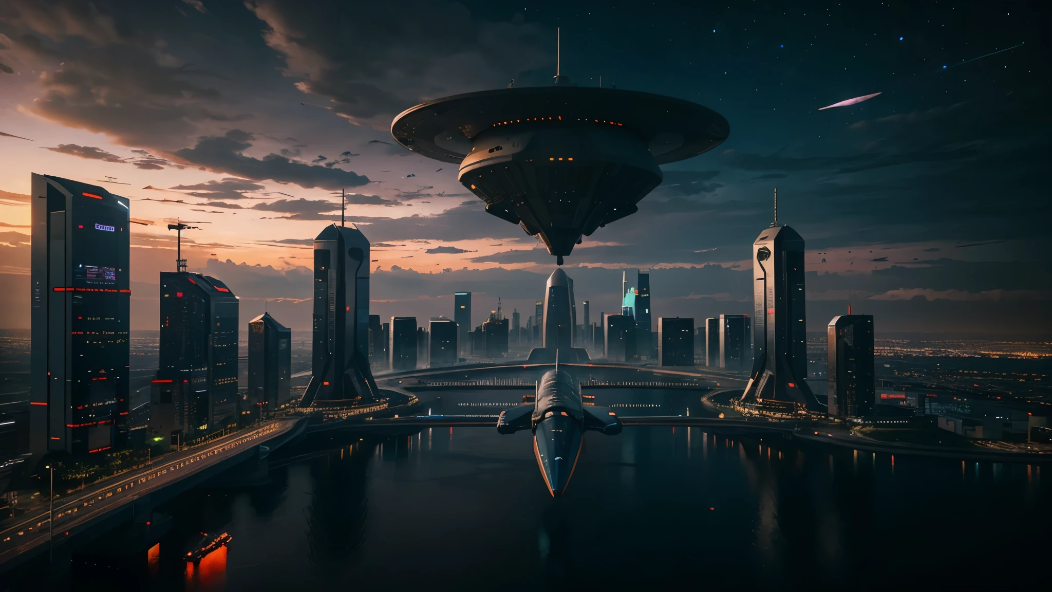 planetary landing of spacecraft, cyberpunk city with spaceport, many flying cars, many glowing buildings, distant sunset in dark cloudy sky