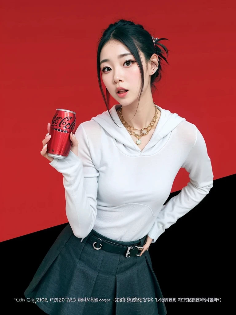 Realistic, 8k, masterpiece, RAW Photos, Highest quality, Realistic, Highly detailed CG Unity 8k wallpaper, Written boundary depth, Cinematic Light, Lens flare, Ray Tracing, Perfect lighting,short hair, (Delicate skin), (Delicate face), (Pop Background :1.1), person standing and watching、Comical movement,1 female、Headphones,(Red Background),Modern Style,artistic,moving composition,Unique Pattern,Bold Texture,colorful,Imaginative,Whimsical,Vibrant,like々Shii,Playful,Energetic,creative,Expressive,stylish,tendency,One Girl,Eating pizza、Coca-Cola Poster,((Art by yayoi kusama)),