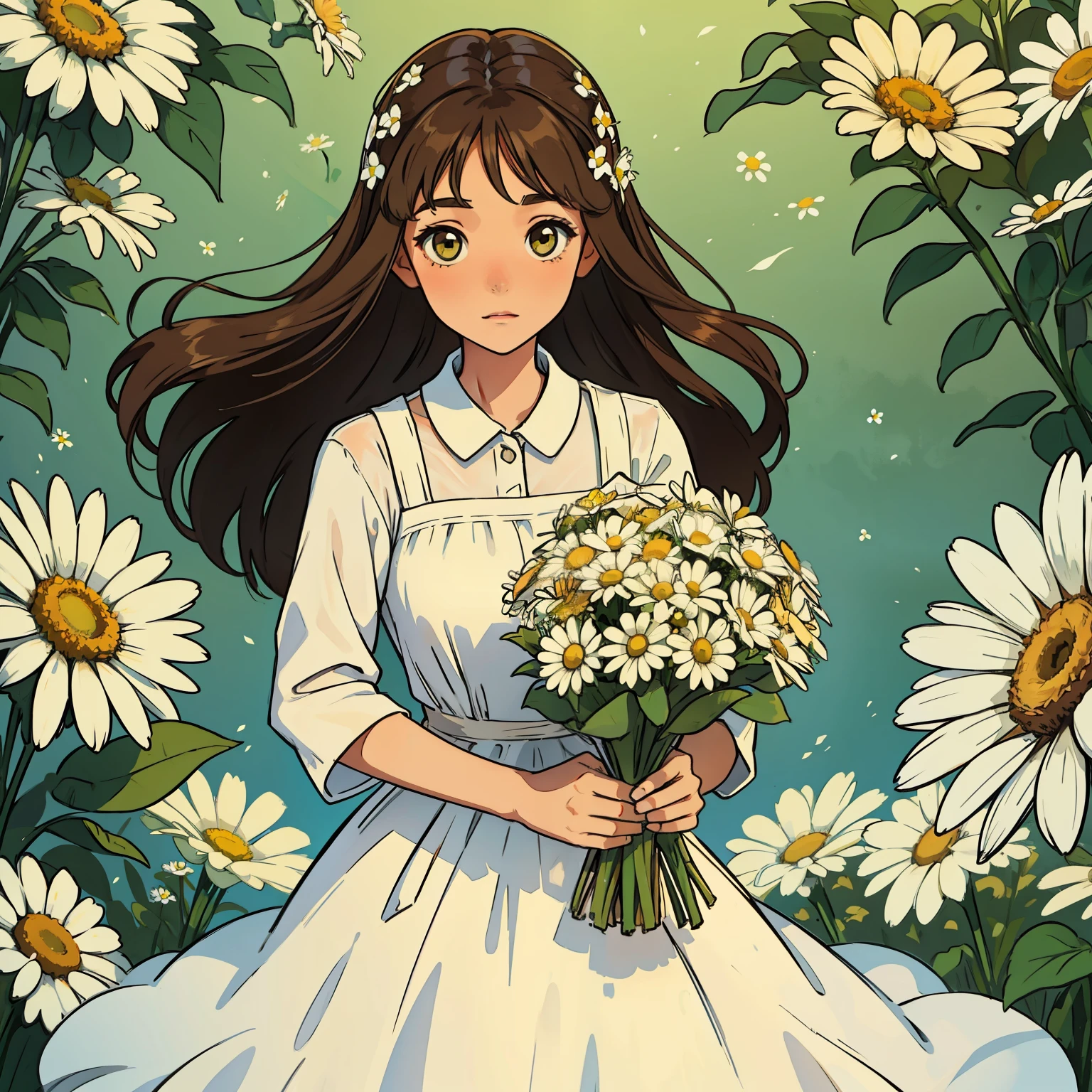 A girl with long brown hair.green brown eyes.hints.white dress with patterns.in hands a bouquet of daisies