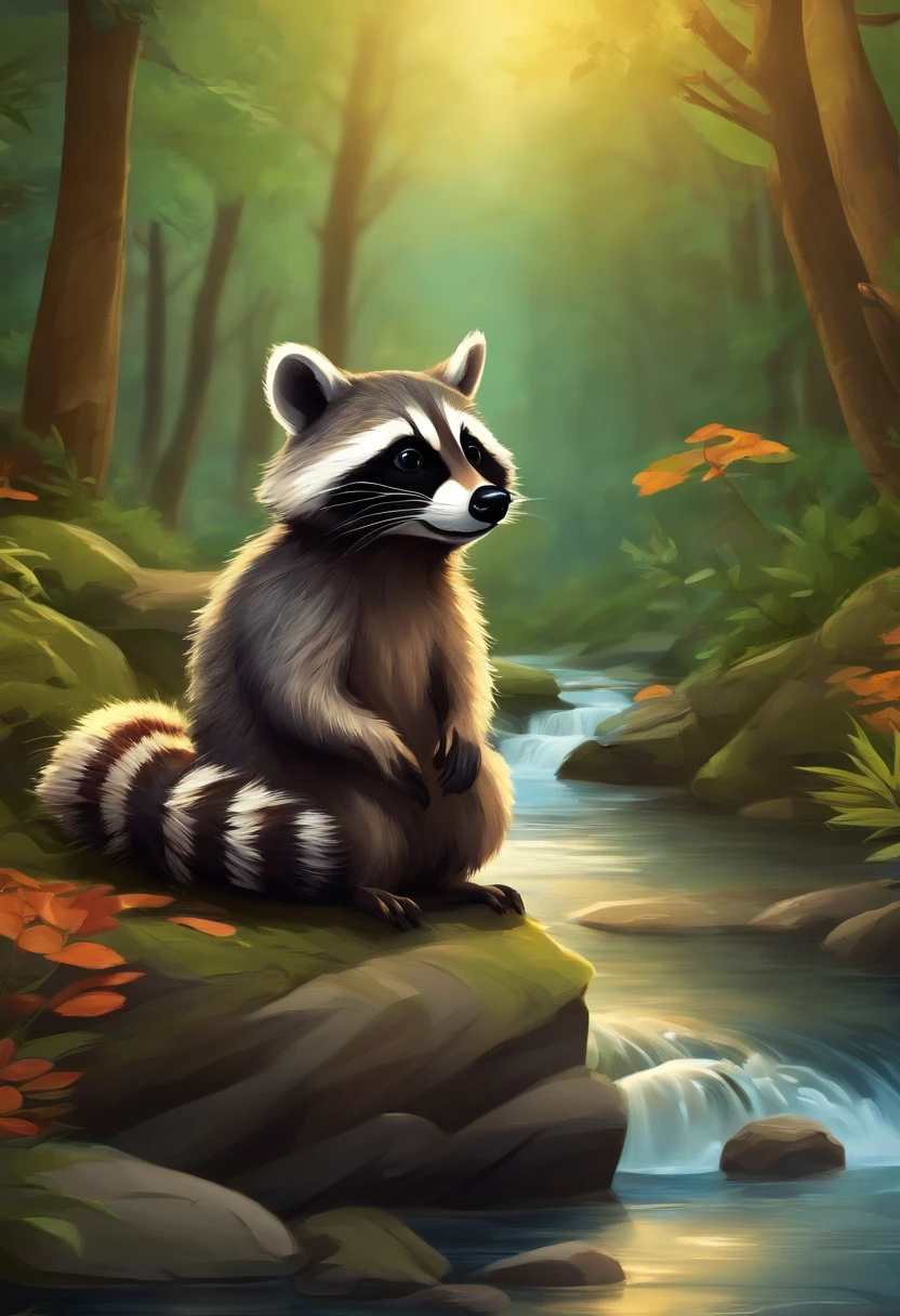 Colorful Cartoon Anime Raccoon in the woods by a flowing river 