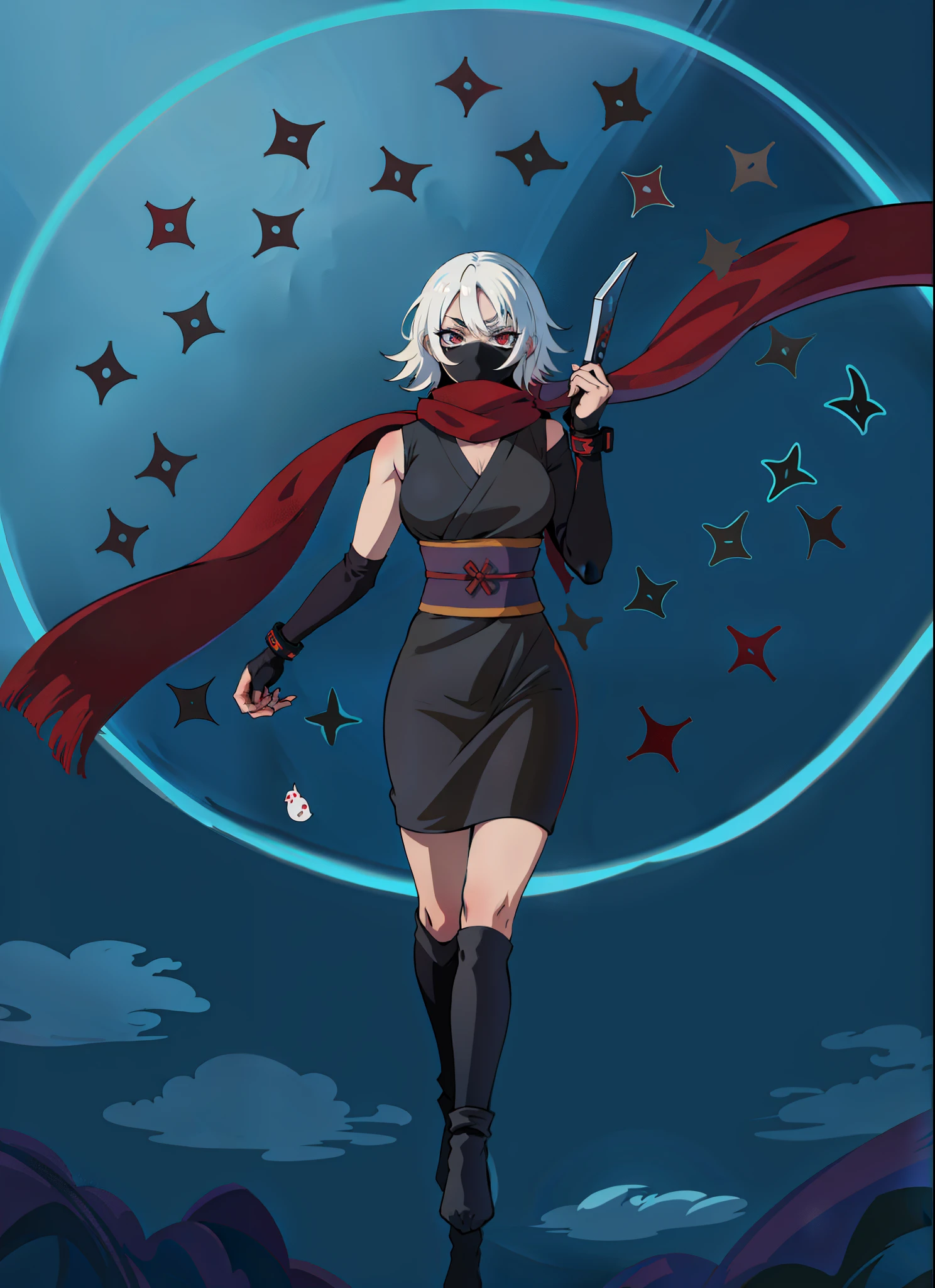 il y a une femme en robe noire tenant un foulard rouge, Ninja gothique, an edgy teen assassin, ninja mystique, female rouge assassin, style artistique inconnu, Inspired by the kidneys, kunoichi, Tenue de ninja, inspired by Kusumi Morikage, inspired by Taiyō Matsumoto, itatchi uchiha, white haired deity, personnage de style anime