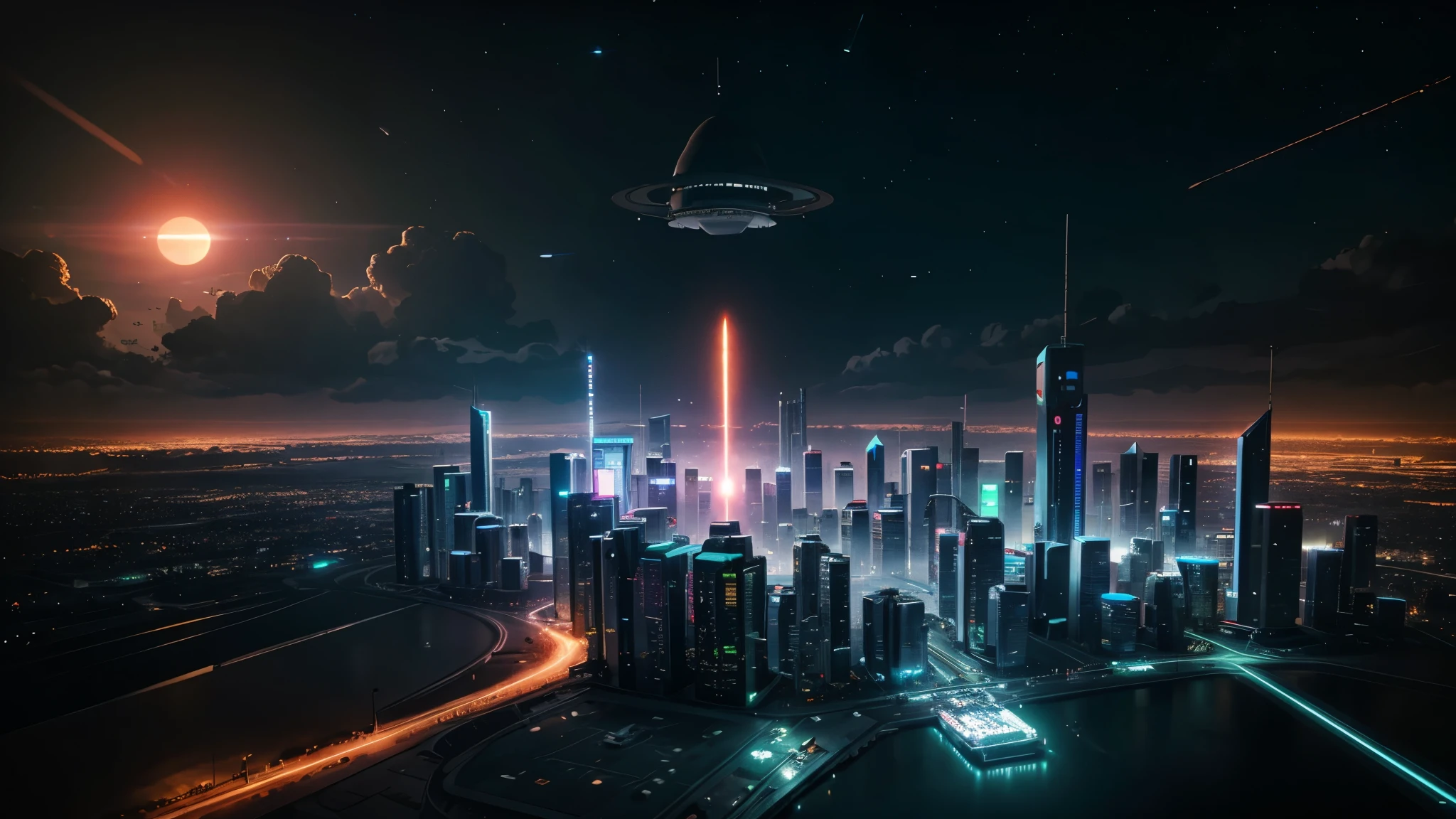 planetary landing of spacecraft, cyberpunk city with spaceport, many flying cars, many glowing buildings, distant sunset in dark cloudy sky