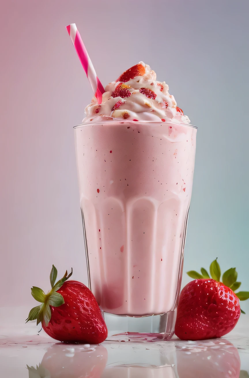 Professional photography, a delicious strawberry milkshake with a straw, food photography, reflective materials, specular highlights, caustics, vibrant popping colors, creative color usage, macro detail on strawberry with moisture, hyper detailed, intricate reflections, instagram, Fujifilm XT3, high contrast, DSLR, deep darks, award winning, HDR