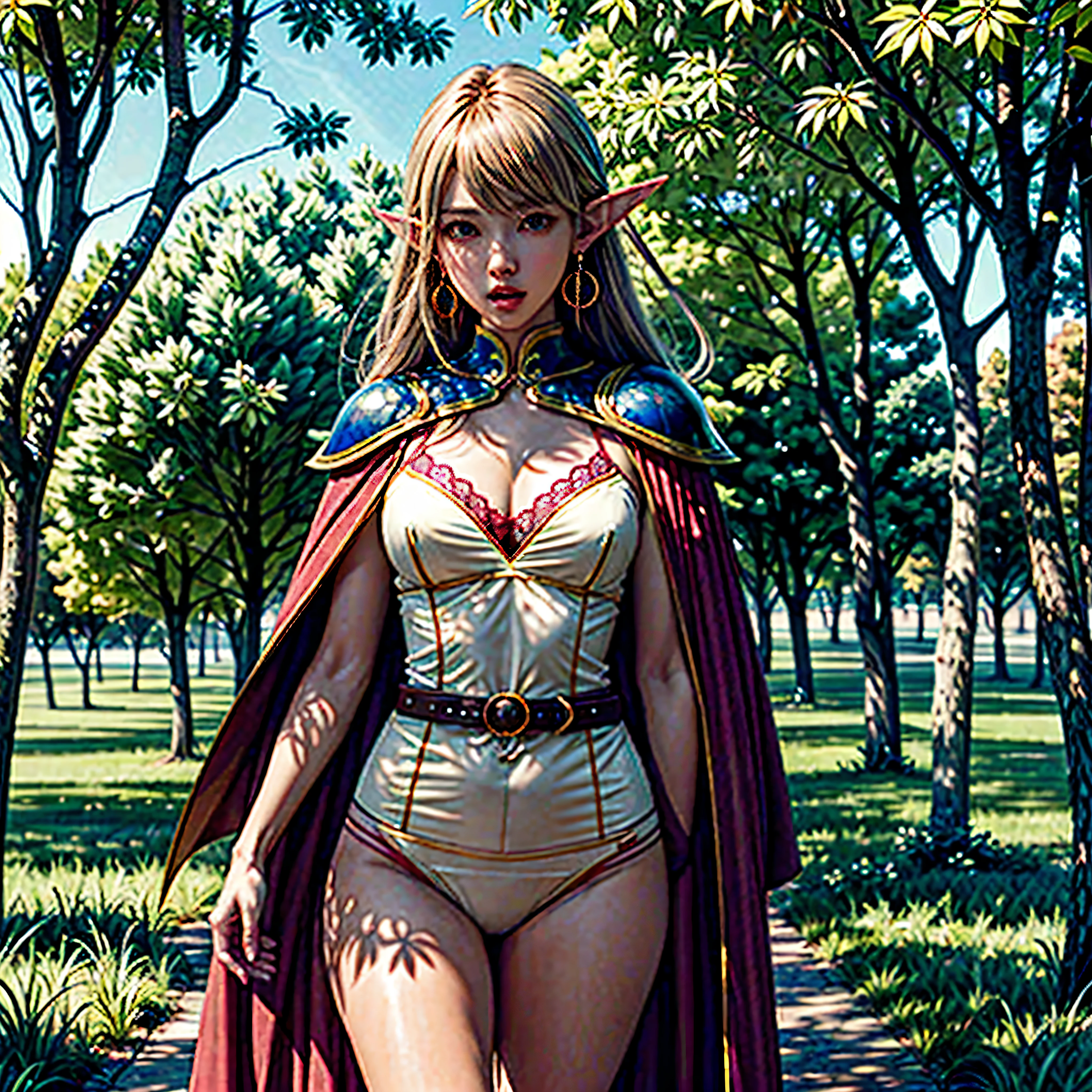 ANI_CLASSIC_deedlit_ownwaifu www.ownwaifu.com,(extremely detailed fine touch:1.2) Elf (natural light, sun light, light rays, dappled light, ray tracing:1.2), mature female , masterpiece, ultra best quality, ultra highly quality , elf pointy ears, blonde hair, long hair, circlet, green eyes, long pointy ears, very long hair, breasts, medium breasts, earrings, lips, makeup, bangs, cape, armor, blue cape, shoulder armor, pauldrons, gloves, breastplate, belt, green dress, short dress, looking at viewer, blush, open mouth, standing, (Masterpiece, extremely detailed CG, sharp line),deedlit, offcial art, Colorful, Beautiful Japanese anime style,Extremely detailed eyes and face,Sharp pupils,realistic pupil,In the woods、cabellos largos dorados,Black lace panties,Slender thighs, varies multi etc. --v 6 --s 1000 --c 20 --q 20 --chaos 100