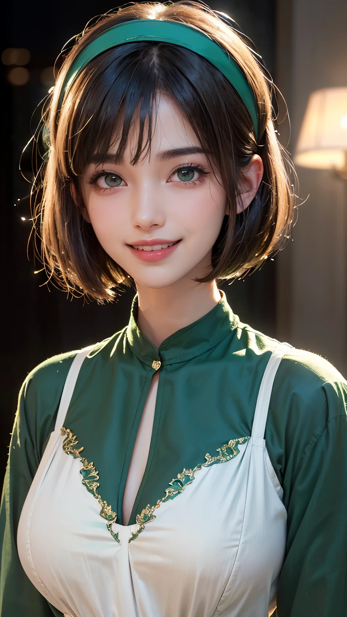 (UHD, retina, masterpiece, accurate, anatomically_correct, textured_skin, super_detail, high_details, high_quality, best_quality, high_res, 1080P, HD, 4K, 8k, 16k), (beautiful_detailed_eyes, beautiful_detailed_lips, extremely_detailed_eyes_and_face), (soft_lighting:1.5), physically-based_rendering, vivid_colors, (large_:1.5), (shiny_hair, shiny_skin, tanned_skin, blush), (bangs:1.5), eye_reflection, (bokeh), (smile_and_laugh, bob_cut, hairband, green_blouse:1.5),