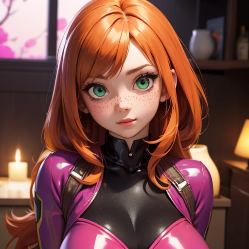 masterpiece, ultra detailed, best quality, egirl, (extremely detailed orange hair), (extremely deliled cute face with freckles and beautiful green eyes), illustration, amazing, beautiful, looking at viewer, extremely large breasts, wearing an extremely tight black and pink latex dress with long glowes