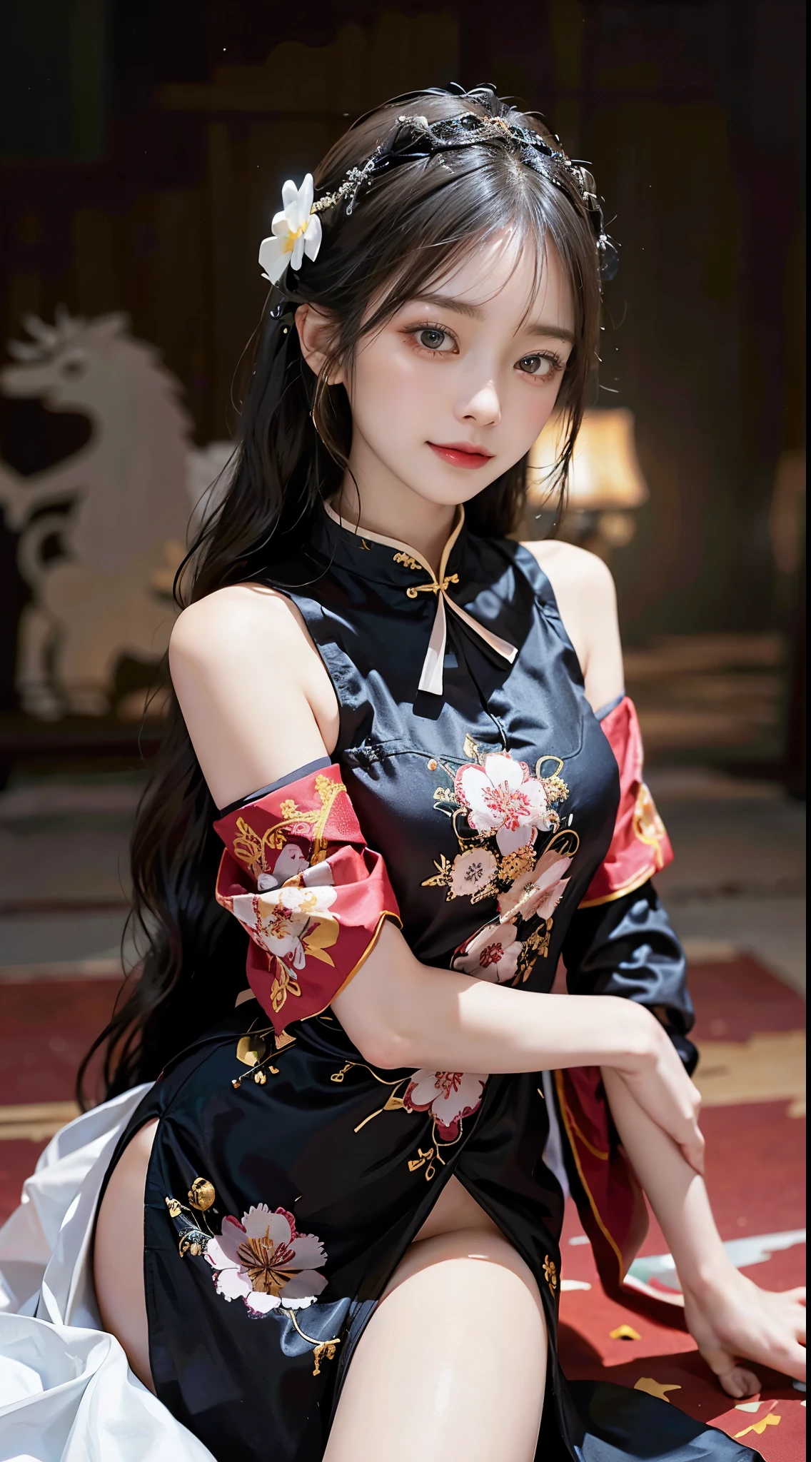 A beautiful woman wearing an elegant Chinese dress。The brightly colored dress brings out her beauty、Detailed embroidery adds elegance。Black hair flows smoothly、Matches the design of the dress。Deep eyes reflect the passion and intelligence hidden within.、Smiling lips exude dignity and elegance。Her attitude is full of confidence、The style of the Chinese dress makes her beauty stand out even more.。