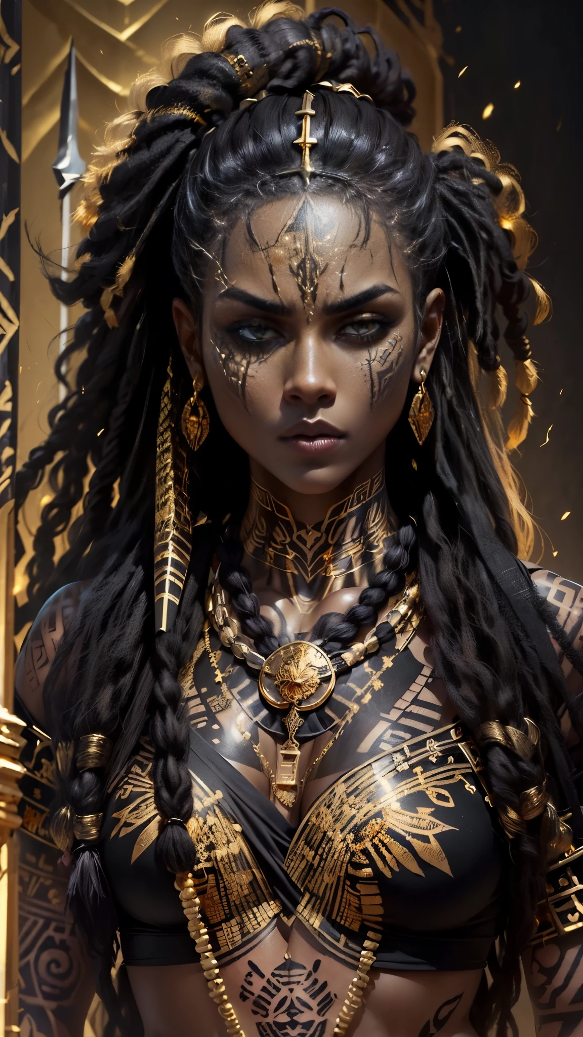 (((full body picture))), (((1 woman))), Top quality, Intricate details , A ebony woman, ((standing holding a spear)), (serious look:1.4), (wearing black and golden battle outfit:1.8) with some animal fur details, (long dreadlock hairstyle:1.3), (reflective eyes:1.3), (tribal tattoo:1.5), looking at the viewer, serious face.