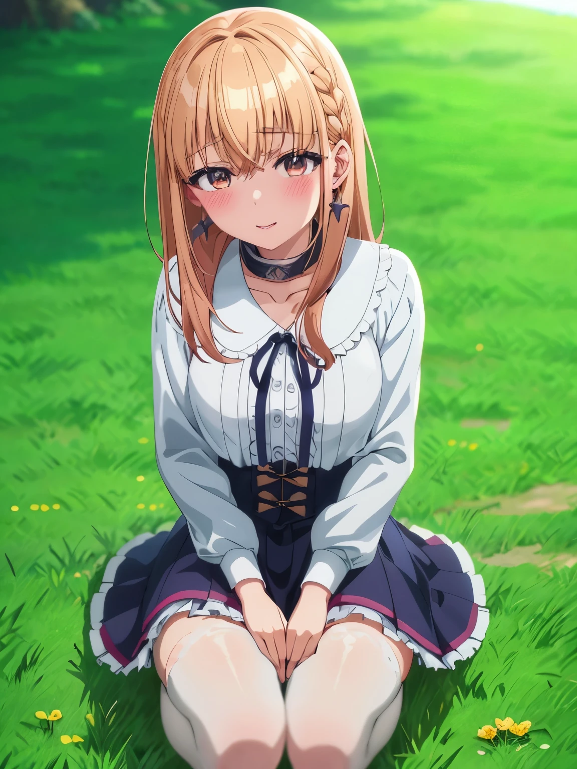 Anime girl in uniform walking down the street, official artwork, Anime visuals of cute girls, anime moe art style, Kantai Collection Style, beautiful anime high school girl, 8K!!, Rin, 8K!, Seifuku, Cute anime girl, Official art, by Jin Homura, kancolle, Smooth Anime CG Art, 3 poses before and after　top-quality、Photorealsitic、8K picture quality、hight resolution、One Girl Unification、sixteen years old、Unification of hairstyles、skirt frills from、Half-taken clothes、Unbuttoned exposed breasts、Shot illustration in one illustration　3 Illustrations　Pause the image from the front　Posed image of underwear from directly below　3 poses where underwear can be seen through from the back　Three Poses Sexy Front Le　Underwear from low　Angle from diagonally down　trouser　Angle from below the front　　hugging own legs　Underwear is sheer、anime girl with long hair and a short skirt posing on a city street, seductive anime girl, a hyperrealistic , hyperrealistic , beautiful anime girl squatting, beautiful alluring anime , beautiful anime high school girl, anime girls, clean detailed anime art, the anime girl  crouching, smooth anime cg art, ecchi anime style, anime - style image of a woman in a white bra top and panties, seductive anime girl, marin kitagawa fanart, makoto shinka, rin, small curvy , anime best girl, sexy pose, smooth anime cg art, asuka suit under clothes!, cushart krenz key art feminine, ayaka genshin impact, zerochan art, white panties,cameltoe,full body,white pantyhose,squatting,pantyshot,å©ä¸,1girl,star earrings,solo,blonde hair,braid,medium hair,bangs,bright pupils,brown eyes,hair between eyes,white pupils,
metal collar,neck ribbon,white shirt,black ribbon,center frills,corset dress,blue dress,long sleeves,frilled skirt,medium breasts,collarbone,smile, blush,
mary janes,outdoors,grass,wind,wind lift,falling leaves,, Exquisite visuals, high-definition,masterpiece,best quality,, 18yo,Young female,Beautiful Fingers,Beautiful long legs,Beautiful bod、