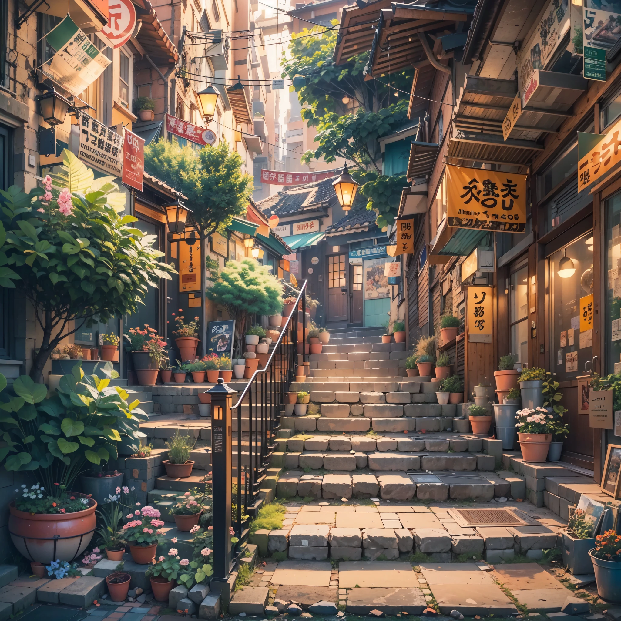 anime city street scene with a stairway leading to a restaurant, anime background art, anime style cityscape, colorful anime movie background, beautiful anime scenery, beautiful anime scene, anime scenery, anime art wallpaper 8 k, tokyo anime scene, anime art wallpaper 4k, anime art wallpaper 4 k, anime scenery concept art, hd anime cityscape, anime background, japanese shop signs, plant pots. trees