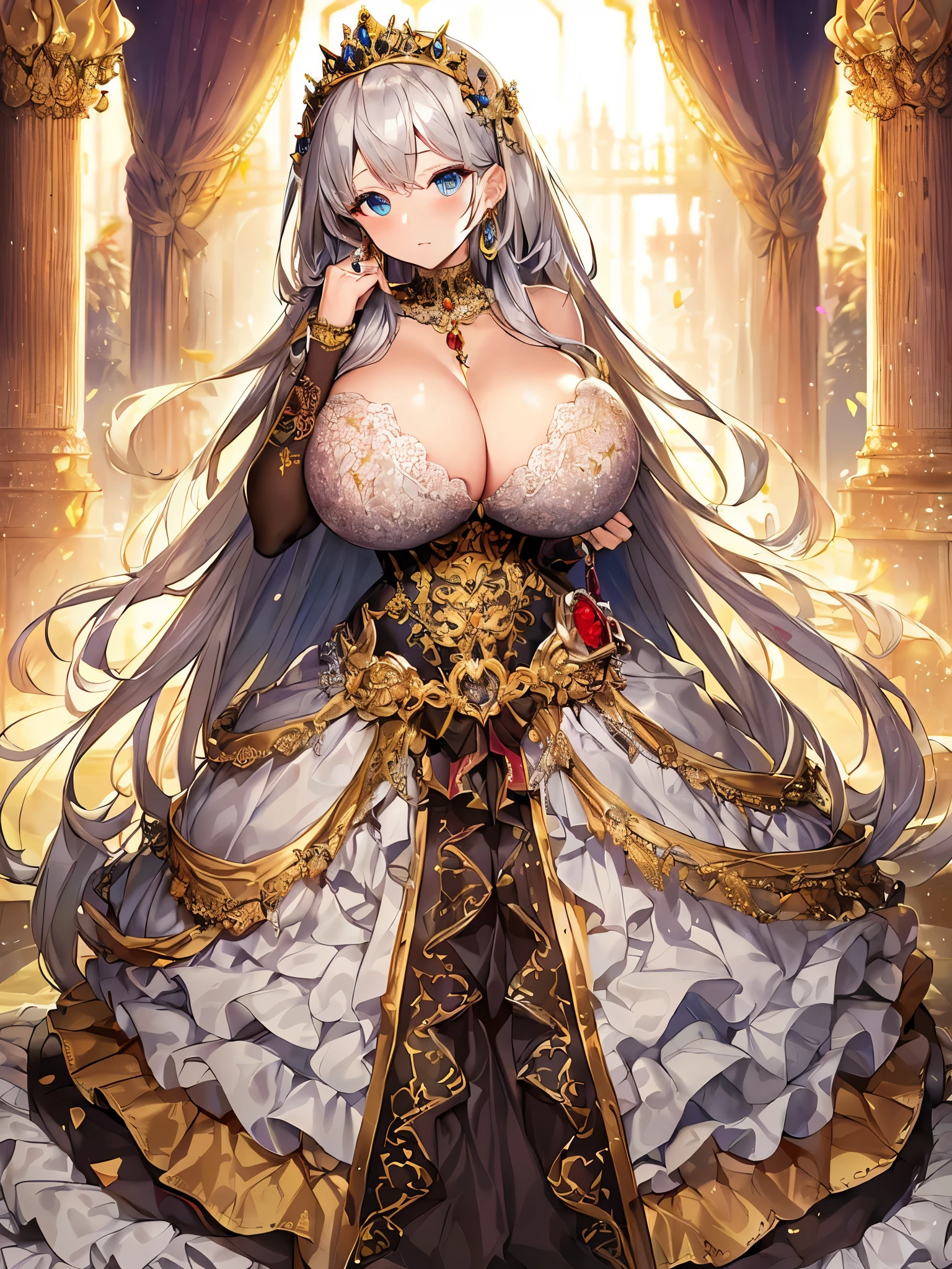 anime artstyle,Masterpiece,Best Quality,Super Detail,((Very Delicate and Beautiful)),((1 princess in beautiful embroidery and jeweled gorgeous rococo ballgown with voluminous puffy hoop skirt)),((Solo)),Standing,((full body)),(((very very gigantic tits,long tits,sagging tits,skindentation))),cleavage,detailed face and eyes,jewel-like eyes,((extremely voluminous straight Hair,Extremely Long Straight Hair)),((gorgeousfull embroidery and lace,beautiful embroidery and jeweled)),Gorgeous Gemstone Jewelry,gorgeous corsage,gorgeous hair ornament,((gorgeous glitter jeweled tiara)),((full body)),((crinoline,Long train)),(Standing in luxury garden),,floating castle,flowers,flower petals flowing,Dynamic Angle,Looking at viewer,(((beautiful embroidery and jeweled gorgeous rococo ballgown with voluminous puffy hoop skirt))),full body,