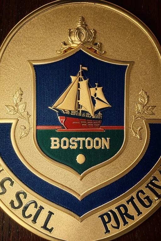 Please create a different soccer badge that has an old school feel to it with BOSTON written on the middle with a rose themed design with a sailing ship on the bottom of the inner polygon shaped badge and the colors gold, blue, red, green as its main colors