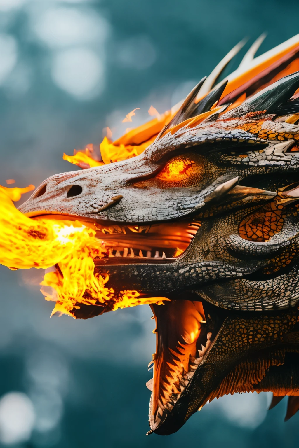 Detailed head of a dragon shooting fire