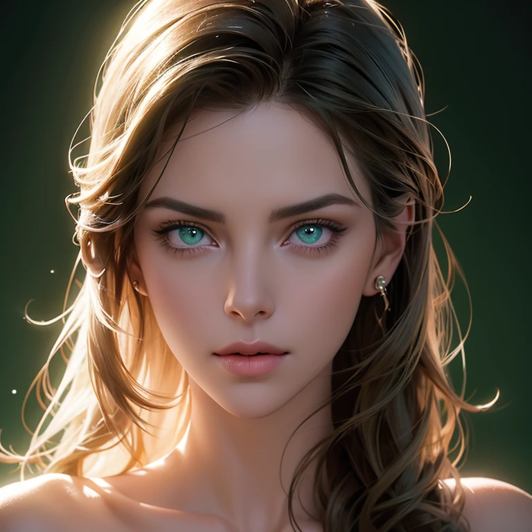 best quality,ultra-detailed,realistic),beautiful detailed green eyes,close-up portrait,Charlize Theron with mesmerizing eyes,graceful and confident posture,soft lighting,dark green background,vibrant colors,hint of mystery and allure,photorealistic rendering,striking beauty,studio shot,sharp focus,intense gaze,sophistication and elegance,subtle smile,high resolution,professional photography,hint of drama,celebrity beauty,perfect complexion,long dark lashes,long wavy brunette hair,subtle makeup,flawless skin,expressive eyes,enchanted beauty,subtle highlights on the face,subtle shadows,subtle reflection in the eyes,faint hint of greenery,emerald green mesmerizing gaze,mesmerizing and captivating presence.