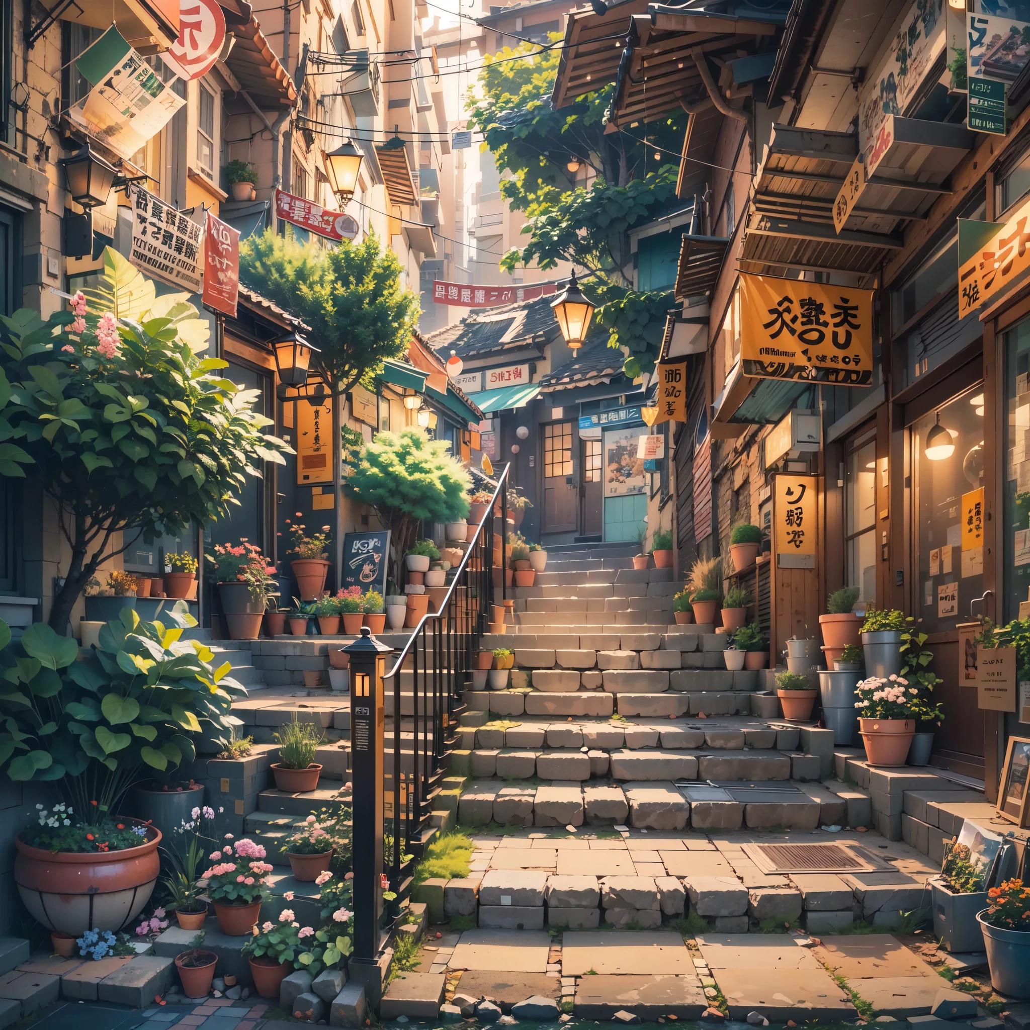 anime city street scene with a stairway leading to a restaurant, anime background art, anime style cityscape, colorful anime movie background, beautiful anime scenery, beautiful anime scene, anime scenery, anime art wallpaper 8 k, tokyo anime scene, anime art wallpaper 4k, anime art wallpaper 4 k, anime scenery concept art, hd anime cityscape, anime background, japanese shop signs, plant pots. trees