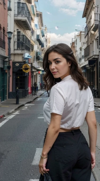 (obra maestra, Mejor calidad), mujer hermosa, Parte superior detallada de cuello alto sin mangas, pantalones, collar, pelo ondulado, cara perfecta, Hermoso rostro, seductor, ojos grandes y hermosos, Boca abierta, feliz, cuerpo perfecto y delgado, (exterior), Calles de la ciudad, Nueva York, colores brillantes, ella no es flaca,