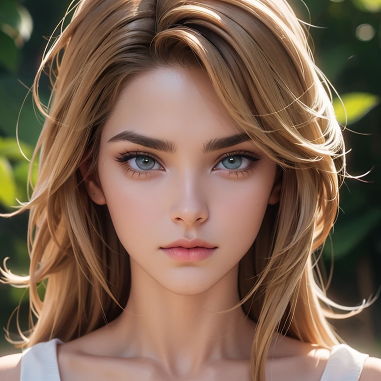 Una mujer con cara rectangular, ojos verdes felinos con cejas redondeadas, nariz chata, small mouth with rounded lips, frente convexa, flat cheeks and asymmetrical cheekbones, 3D, full body, movie scenes, ultra realistic, colorful. 4K, --ar 2:1, ojos verdes, light brown hair with blonde highlights, liso y un poco lacio, que enmarque su rostro.