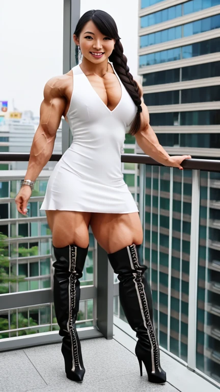 30 year old asian woman who is a bodybuilder. big thighs, braided hair, miniskirt. She is standing in the modern tokyo apartment balcony, smiling. (full body shot:1.0), (high heels boots:1.2)