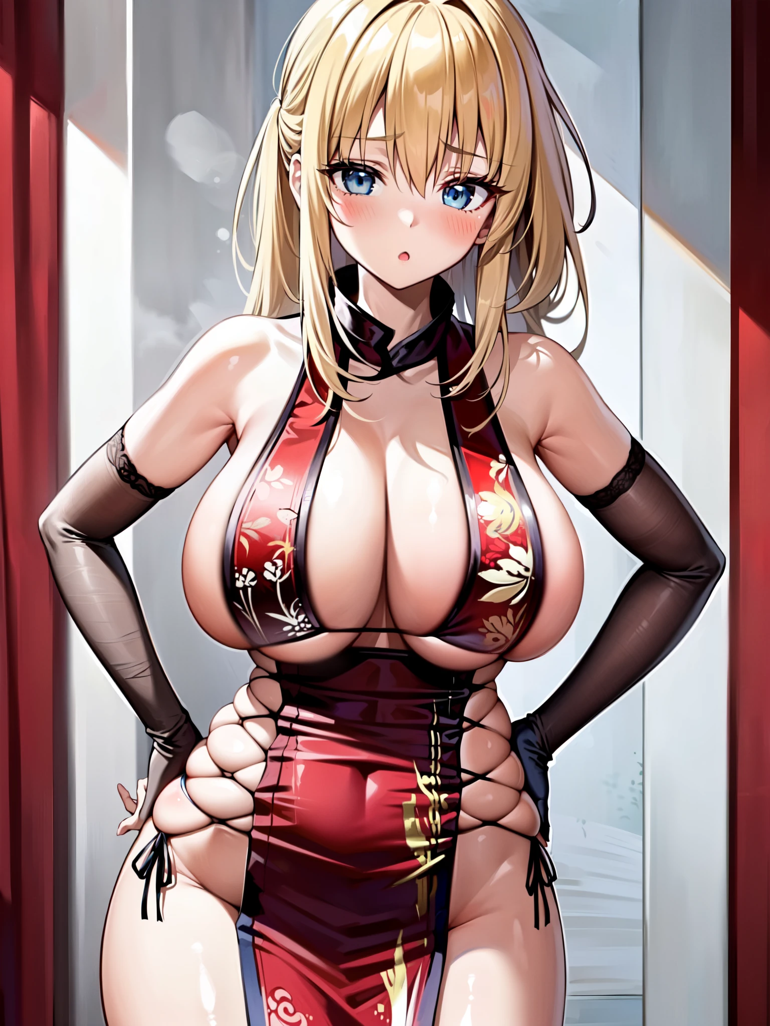 masterpiece, best quality, extremely detailed, 1girl, mature female, solo, mysterious heroine xx \(fate\), (large breasts:1.4), (((blonde hair, long hair, blue eyes))), parted lips, (((china dress, elbow gloves, black gkives, white gloves))), ((blush, :o), closed mouth), ((hands on own hips, china town))