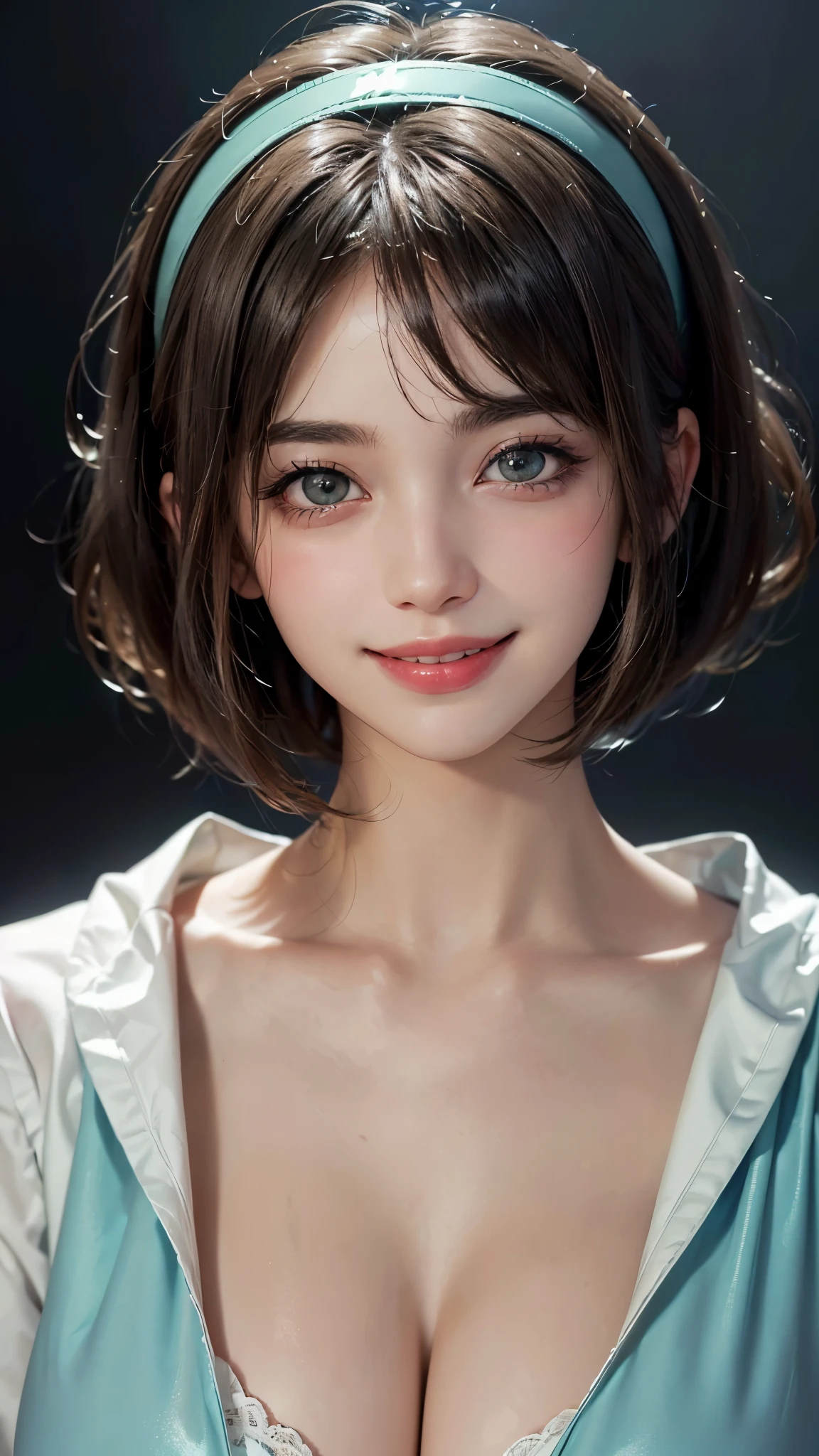 (UHD, retina, masterpiece, accurate, anatomically_correct, textured_skin, super_detail, high_details, high_quality, best_quality, high_res, 1080P, HD, 4K, 8k, 16k), (beautiful_detailed_eyes, beautiful_detailed_lips, extremely_detailed_eyes_and_face), (soft_lighting:1.5), physically-based_rendering, vivid_colors, (large_breasts:1.5), (shiny_hair, shiny_skin, tanned_skin, blush), (bangs:1.5), eye_reflection, (bokeh), (smile_and_laugh, bob_cut, hairband, viridian_blouse:1.5),