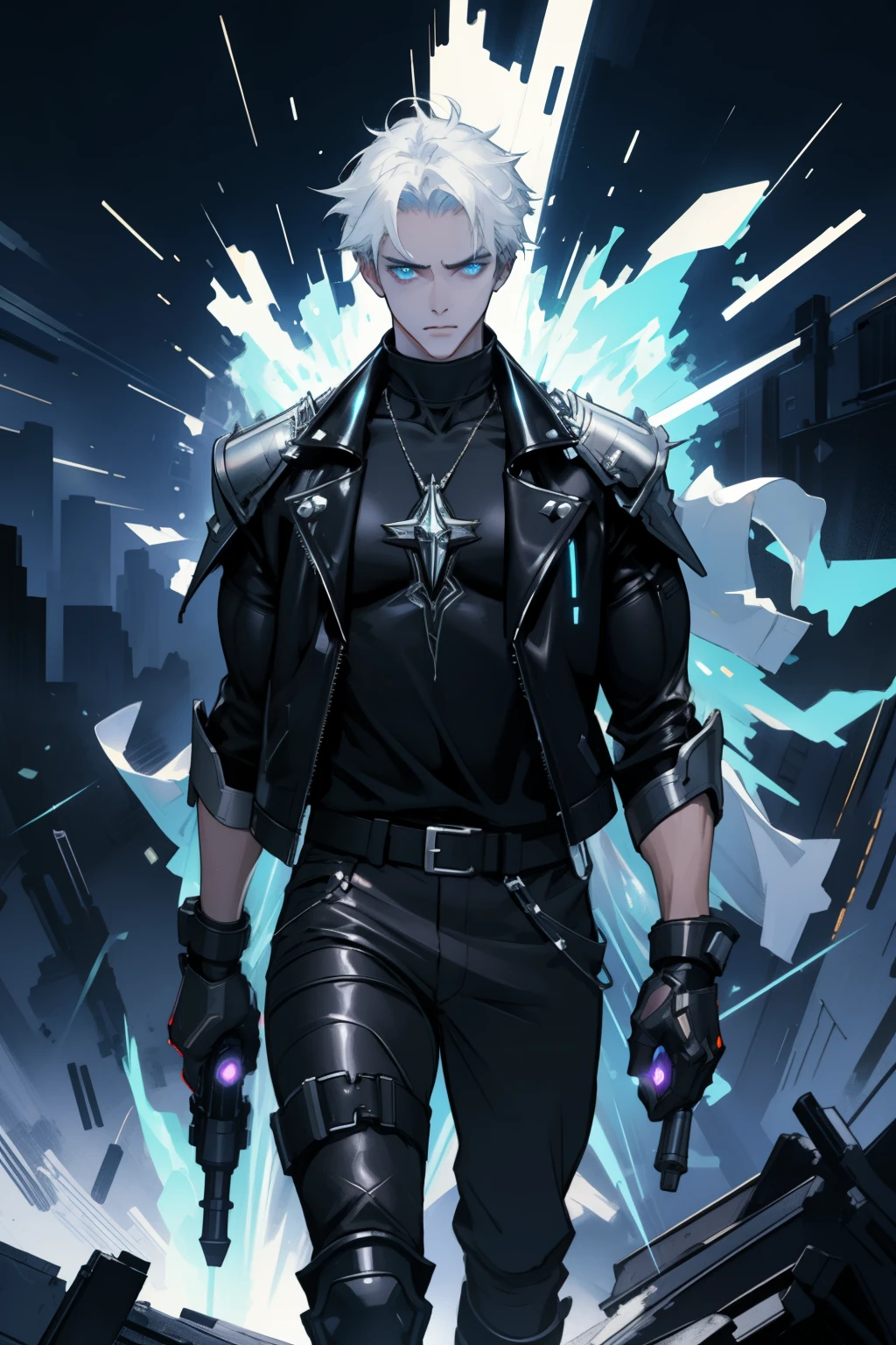 (masterpiece, best quality), 1 male, solo, adult, handsome, tall muscular guy, broad shoulders, finely detailed eyes and detailed face, extremely detailed CG unity 8k wallpaper, intricate details, intricate details, very short hair, undercut, grunge, serious expression, big arms, dark, old leather jacket, white t-shirt, medieval dark leg armor pants, neon motion stream, glowing lights, Grenade Launcher weapon, bright white energy streams of lights, rim lighting, sf, Apocalypse, from above