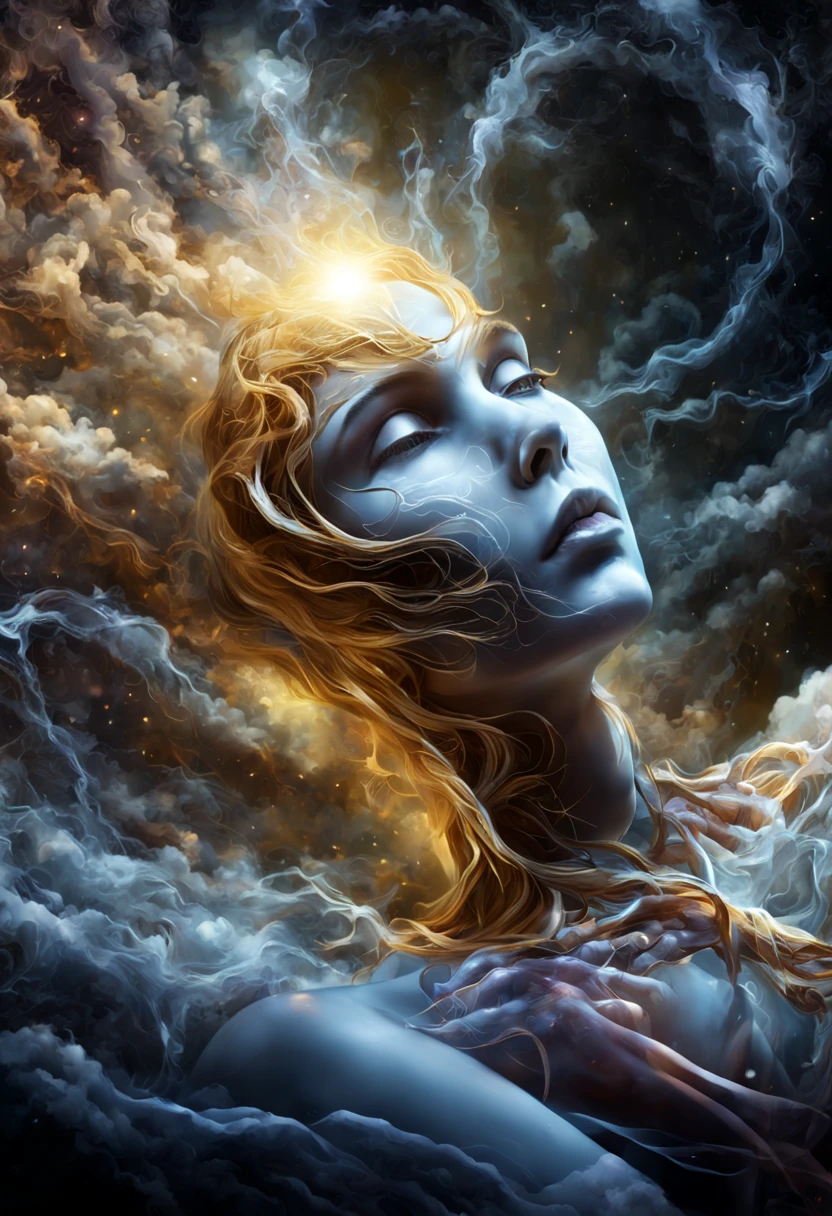 (((accurate female anatomy, perfect eyes))),Glowing lighting、Atmospheric illumination,inconceivable and spectacular a scene of emergence of a figure from the the females body, she is laying on a alter,Astral Projection,the her spirit is rising from her body,high contrast, symobolism, magical, mystical, mystifying, hyperrealistic, oversaturate, colorfully Glowing gold lighting、Atmospheric illumination)、dream-like、Magical,an out of body experience,