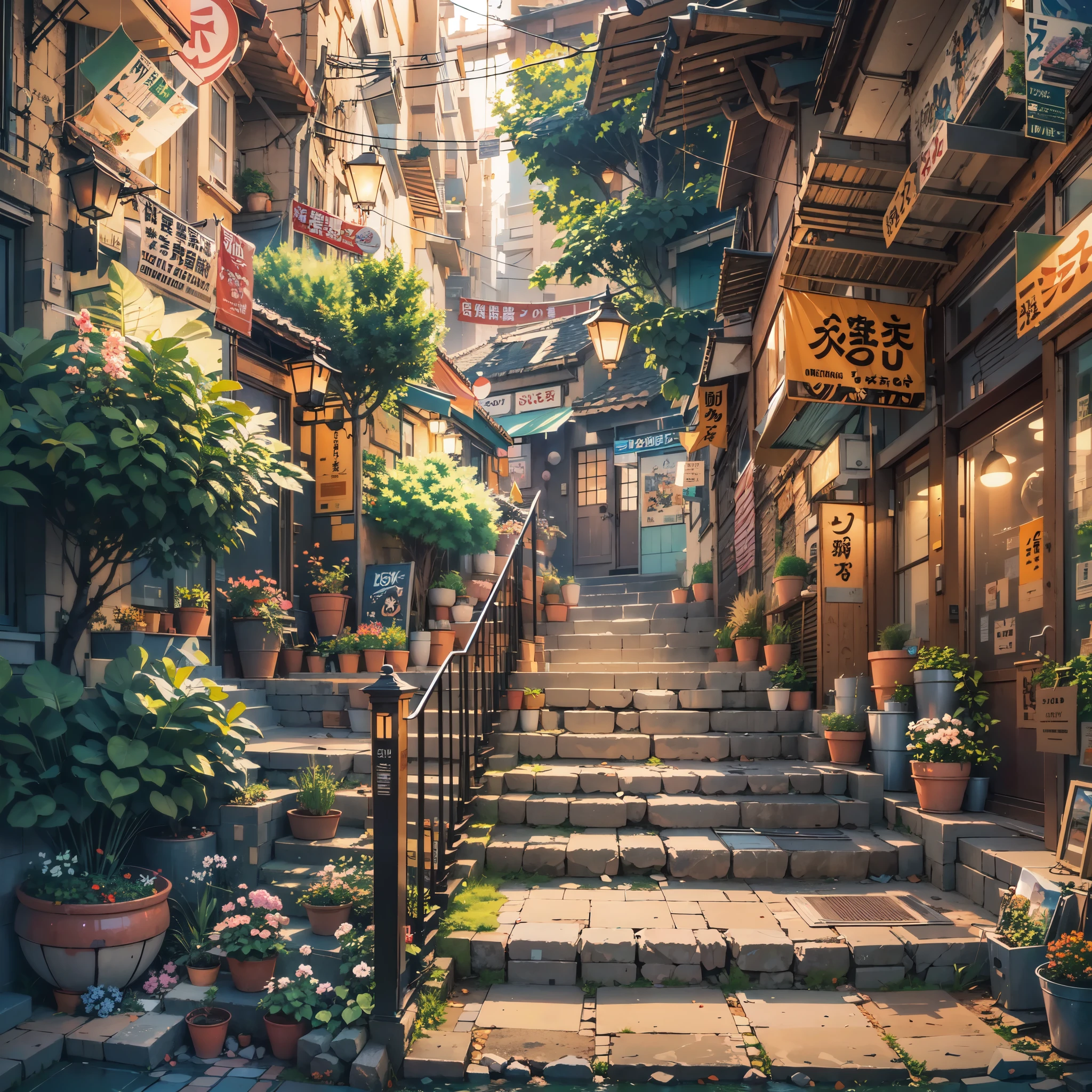anime city street scene with a stairway leading to a restaurant, anime background art, anime style cityscape, colorful anime movie background, beautiful anime scenery, beautiful anime scene, anime scenery, anime art wallpaper 8 k, tokyo anime scene, anime art wallpaper 4k, anime art wallpaper 4 k, anime scenery concept art, hd anime cityscape, anime background, japanese shop signs, plant pots. trees