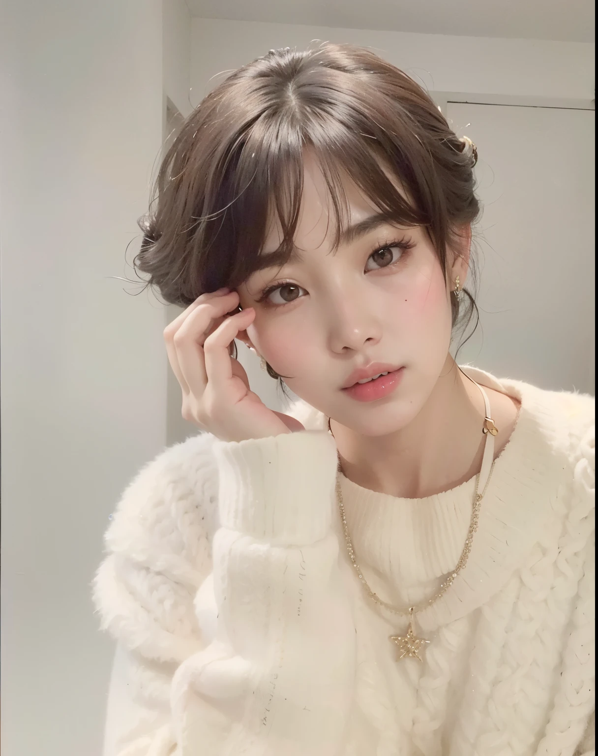 Asian woman talking on cell phone while wearing white sweater, com cabelo curto, Ulzzang, cai xukun, Jinyoung Shin, com cabelo curto with bangs, Heonhwa Choe, penteado com corte hime branco, jaeyeon nam, inspirado em Ma Yuanyu, adorable and pale korean face, Lee Ji-eun, Lee Ji-eun