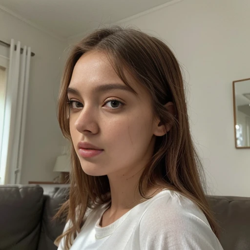 um close up de uma mulher com longos cabelos loiros e uma camisa branca, Retrato de Sophie Mudd, cabelo loiro e olhos grandes, Aleksandra Waliszewska, Sydney Sweeney, 1 8 are, Anastasia Ovchinnikova, dasha taran, long cabelo loiro e olhos grandes, 18 anos de idade, longos cabelos loiros e olhos grandes, not sofa, parede cinza