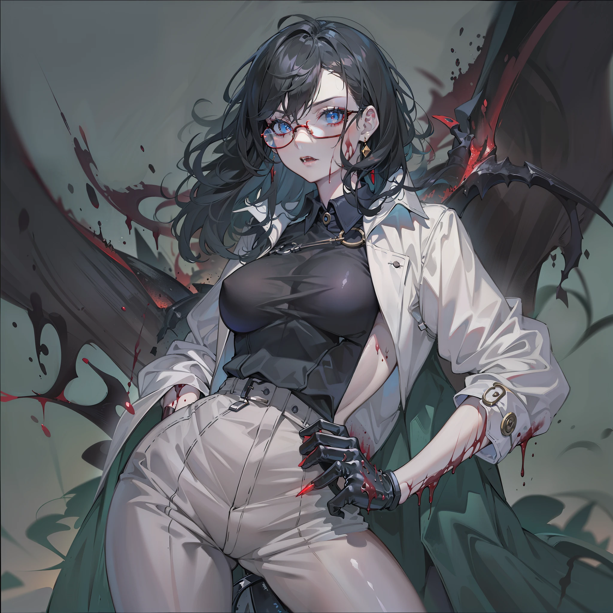 (High resolution, best quality, masterpiece) detail, intricate detail, realism, 1female, ((solo_focused)), single, one woman, physically fit, curvy, pale skin, vampire, fierce expression, dark eyes, (detailed eyes), red_rimmed eyes, sharpened fangs, closed_mouth, black hair, short hair, full body, medium breast, beautiful, mature, malevolent energy, (topwear:((shirt:black, trench_coat:black)), handwear:((gauntles) bottomwear:(pant:blue))), blood dripping, glasses, dark tinted glasses, smirking, menacing, blood spatter