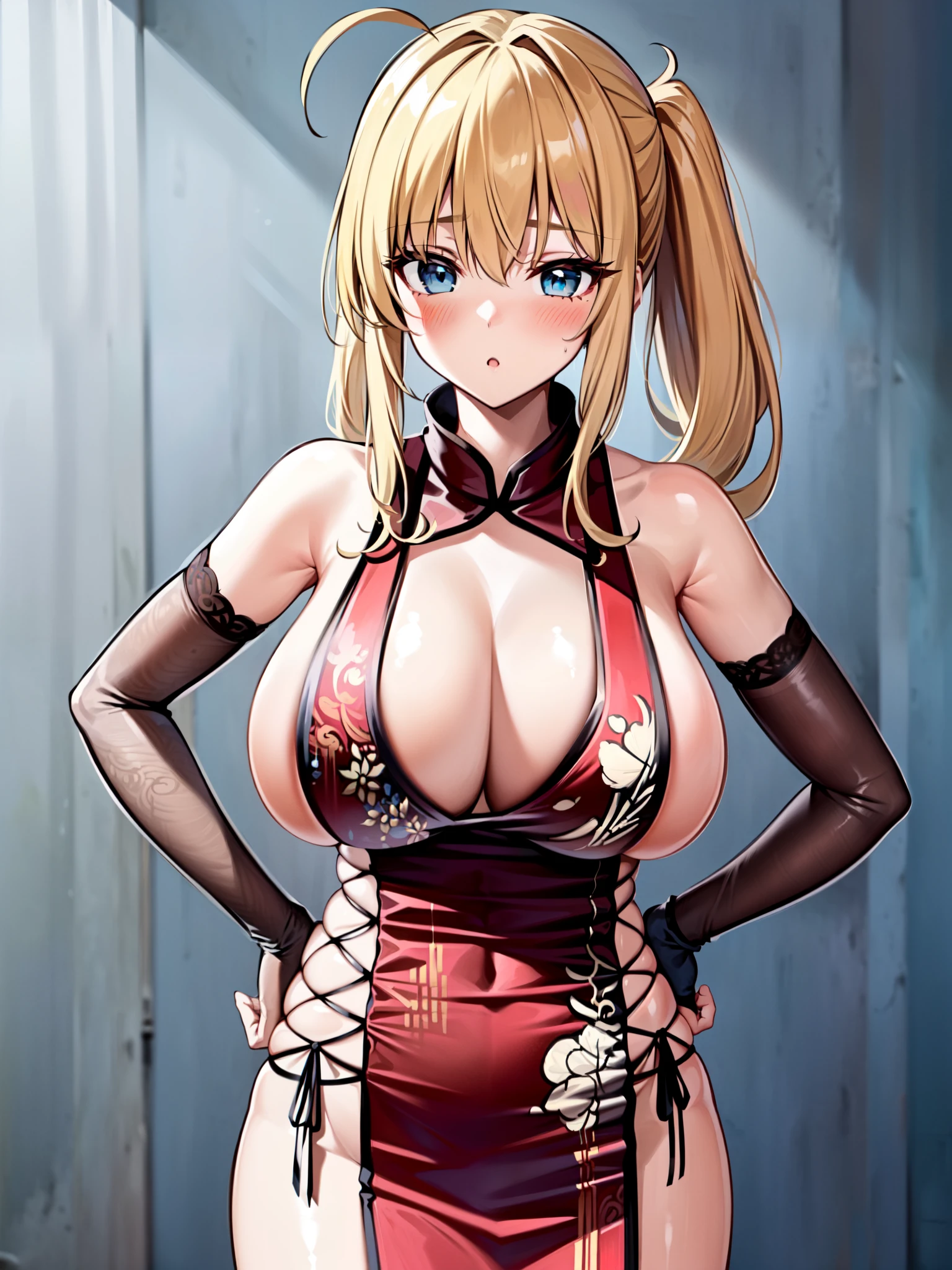 masterpiece, best quality, extremely detailed, 1girl, mature female, solo, mysterious heroine xx \(fate\), (large breasts:1.4), (((blonde hair, long hair, blue eyes))), parted lips, (((china dress, elbow gloves, black gkives, white gloves))), ((blush, :o), closed mouth), ((hands on own hips, china town))