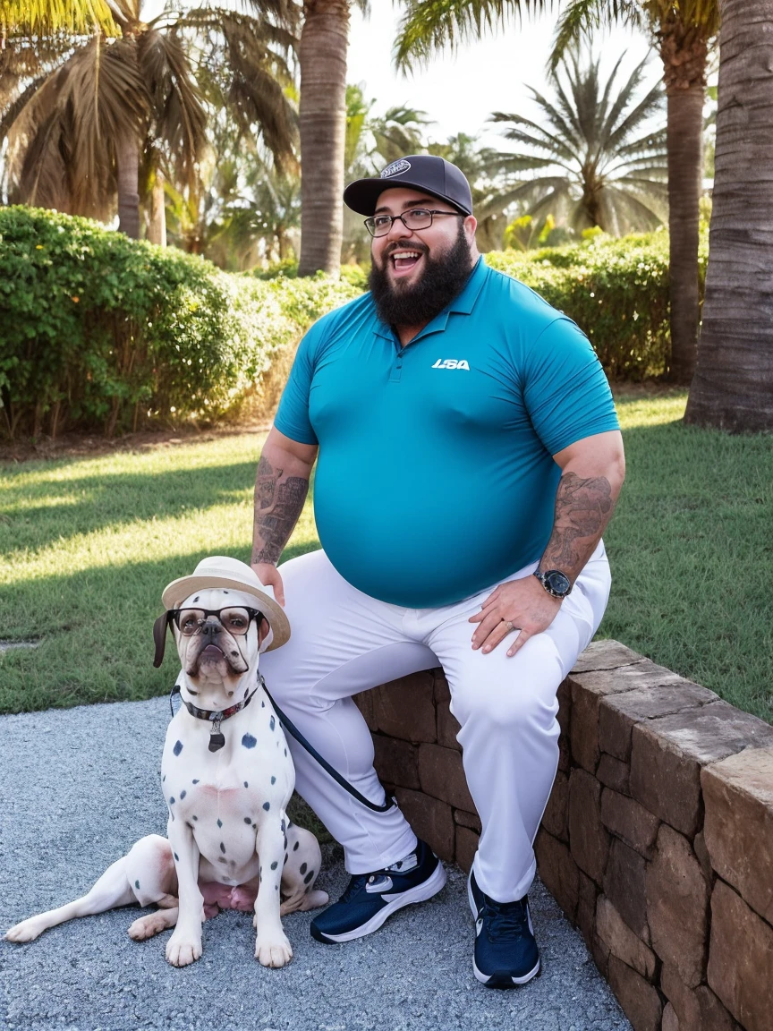 Uma luz amarelada de fim de tarde ilumina o corpo e o ambiente, Veste roupas da moda,alta qualidade,altamente detalhado,cena intensa, solid, Gritty reality scenario for a 42 year old sexy and fat bearded man full of sweat full body big belly only he is wearing prescription glasses or Sport glasses in the image
, smiling Laughing expression of great happiness, wearing a hat or wearing a hat on the head, ((ele usa apenas no corpo cueca box com detalhes branco)),rosto atordoado,Abra as pernas, Florida square environment luxurious outdoor place, He walks his English Cocker Spaniel or English Bulldog, Dalmatians, collie, Maltese, he affectionately holds the dog in his arm or holds him petting him on his lap.