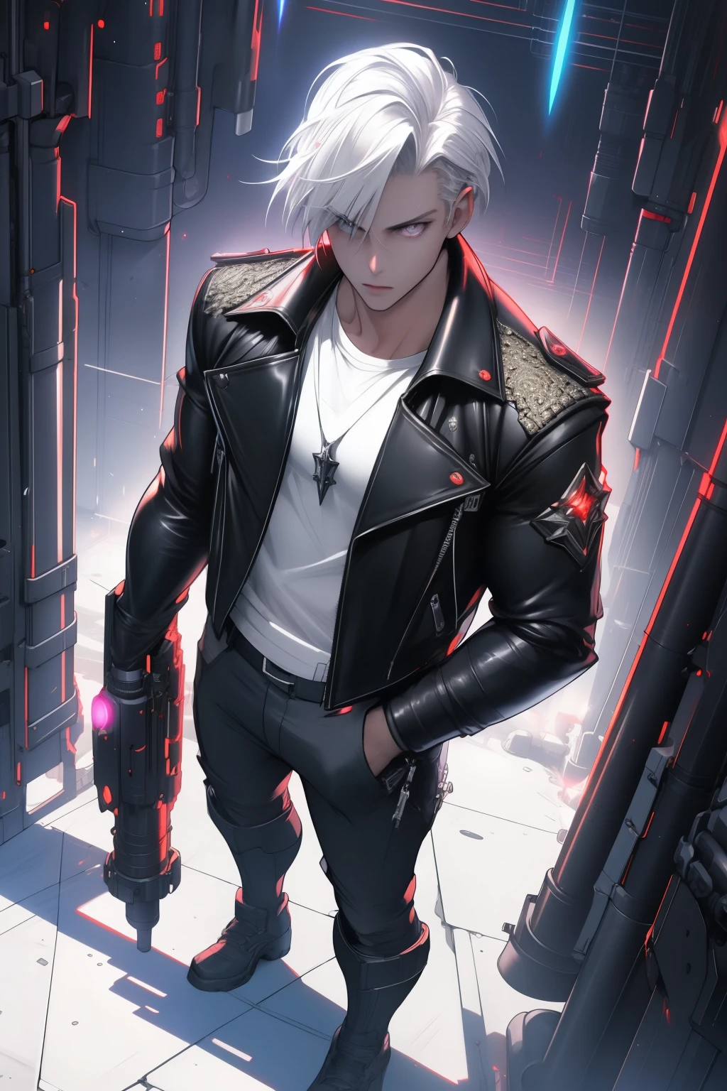 (masterpiece, best quality), 1 male, solo, adult, handsome, tall muscular guy, broad shoulders, finely detailed eyes and detailed face, extremely detailed CG unity 8k wallpaper, intricate details, intricate details, very short hair, undercut, grunge, serious expression, big arms, dark, old leather jacket, white t-shirt, medieval dark leg armor pants, neon motion stream, glowing lights, Grenade Launcher weapon, bright white energy streams of lights, rim lighting, sf, Apocalypse, from above