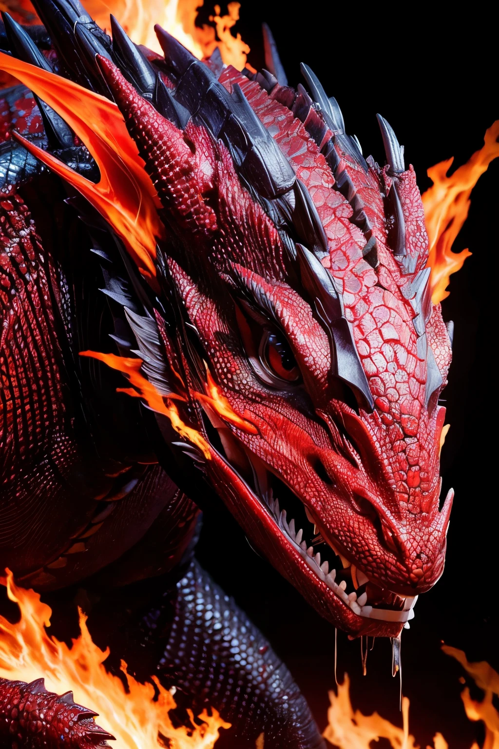 Dragon head, realistic, detailed, shooting fire, scales, red scales,