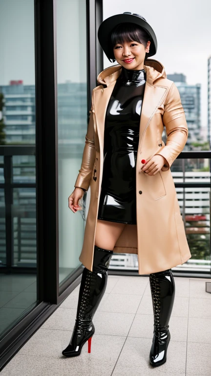 40 year old asian woman who is a bodybuilder. big thighs, french braid hair, fishnet lingerie. long coat, bucket hat. She is standing in the modern tokyo apartment balcony, smiling. (full body shot:1.0), (latex boots:1.2), (high heels)