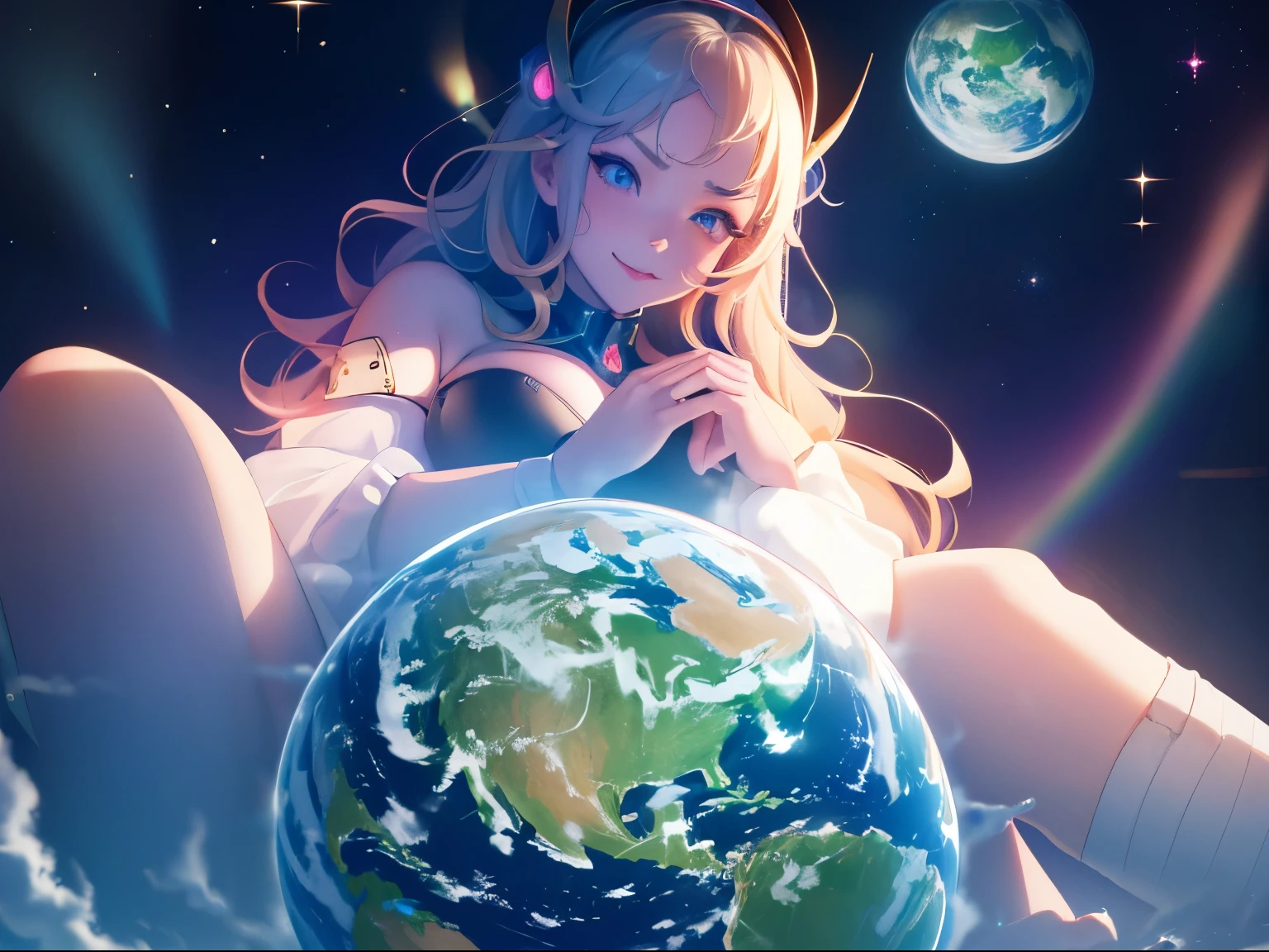 2 girl Anime giantess, giant breasts, gigantic breasts, giantess, masterpiece, best quality, flawless skin, detailed eyes, giga giantess, alien giantess, bigger than planet, , naked, no clothing, long hair, wavy hair, colored hair, pure glowing white angelic eyes, biggest breasts, giantess growth, wearing electronic headpiece, giga anime giantess, Seductive, horny, flushed, perfect skin, neon blue and red lights, space in background, much larger than universe, breasts larger than earth, glowing seductive white angelic eyes, completely white eyes, neon red ominous pupils, futuristic, Sitting up straight, Leaning towards the viewer, Multiple girls, Ominous but comforting smile, Luring the viewer,
