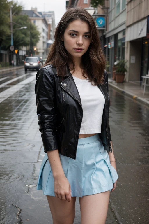 A busy road on a rainy day..
Over there, A beautiful girl with shaggy hair was wearing an open black latex jacket showing a sailor school uniform with a light blue skirt., senos y culo grande