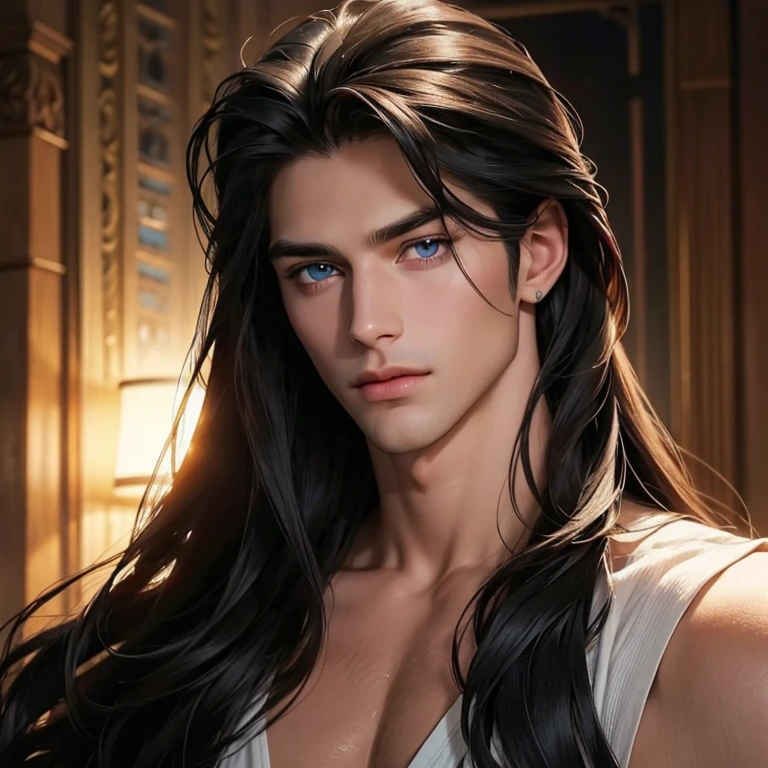 a close up of a man with long hair and blue eyes, handsome stunning realistic, handsome male, attractive male, wonderful dark hair, beautiful male face, long dark hairs, beautiful young man, with long hair and piercing eyes, shoulder-length black hair, young with long hair, handsome face, perfect handsome face, handsome attractive face, with long dark hair