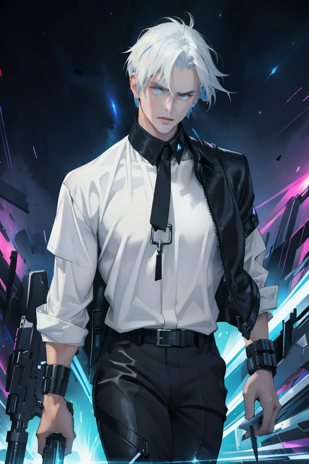 (masterpiece, best quality), 1 male, solo, adult, handsome, tall muscular guy, broad shoulders, finely detailed eyes and detailed face, extremely detailed CG unity 8k wallpaper, intricate details, intricate details, very short hair, undercut, grunge, serious expression, big arms, dark, old leather jacket, white t-shirt, medieval dark leg armor pants, neon motion stream, glowing lights, Grenade Launcher weapon, bright white energy streams of lights, rim lighting, sf, Apocalypse, from above