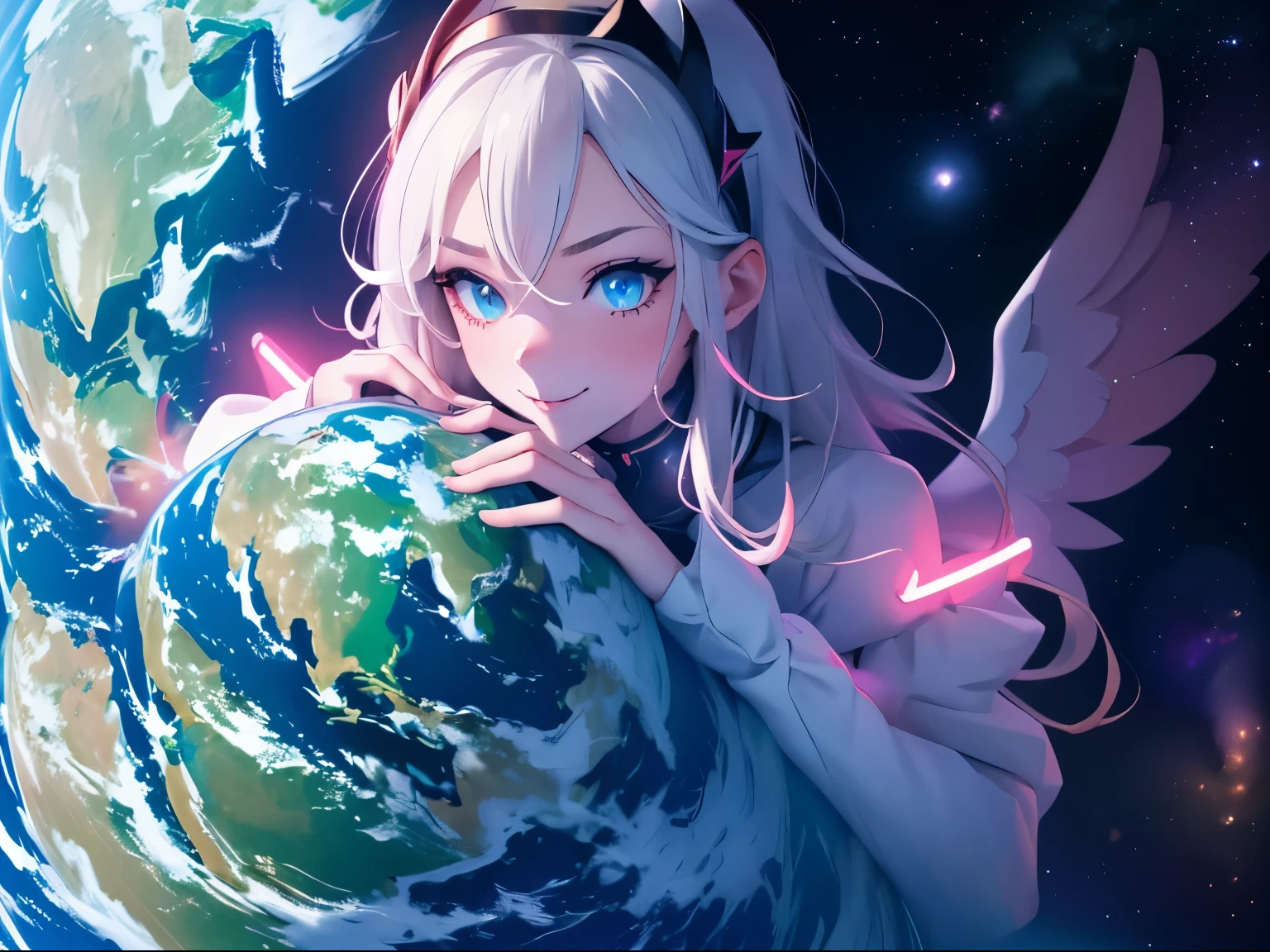 2 girl Anime giantess, giant breasts, gigantic breasts, giantess, masterpiece, best quality, flawless skin, detailed eyes, giga giantess, alien giantess, bigger than planet, , naked, no clothing, long hair, wavy hair, colored hair, pure glowing white angelic eyes, biggest breasts, giantess growth, wearing electronic headpiece, giga anime giantess, Seductive, horny, flushed, perfect skin, neon blue and red lights, space in background, much larger than universe, breasts larger than earth, glowing seductive white angelic eyes, completely white eyes, neon red ominous pupils, futuristic, Sitting up straight, Leaning towards the viewer, Multiple girls, Ominous but comforting smile, Luring the viewer,